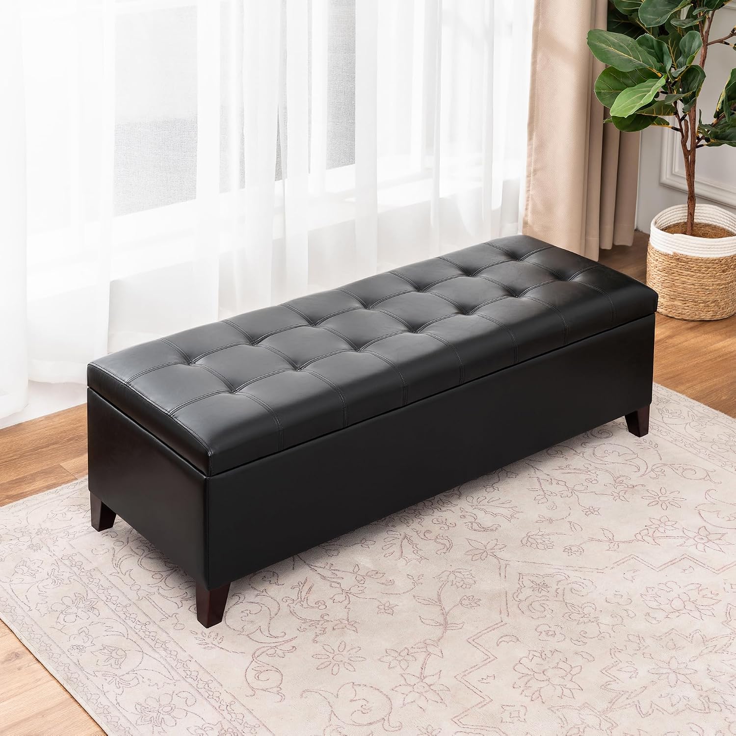 51 Inch Storage Bench,Leather Tufted Storage Ottoman with Legs | Safety Hinges,Wooden Legs,Upholstered,End of Bed,Bedroom,Living Room,Entryway,330LBS,Brown