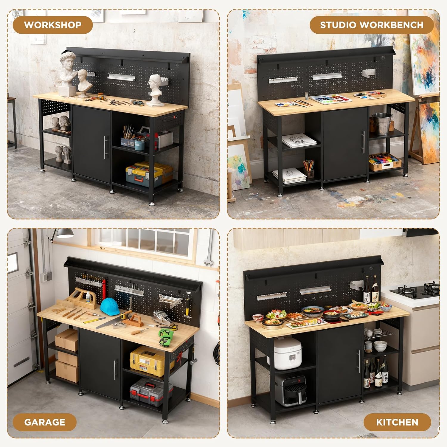 60 Inch Heavy Duty Workbench with Storage Cabinet, Wooden Top, 2000 lbs Capacity, Garage Work Table with Pegboard, Power Outlet, Leveling Feet, Black