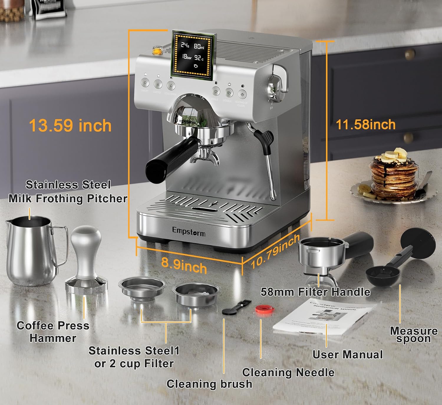 Empstorm CB2 20 Bar Espresso Machine with Milk Frother Steam 1350W Silver | LED Display Compact Espresso maker Cold Brew& Hot Coffee Maker