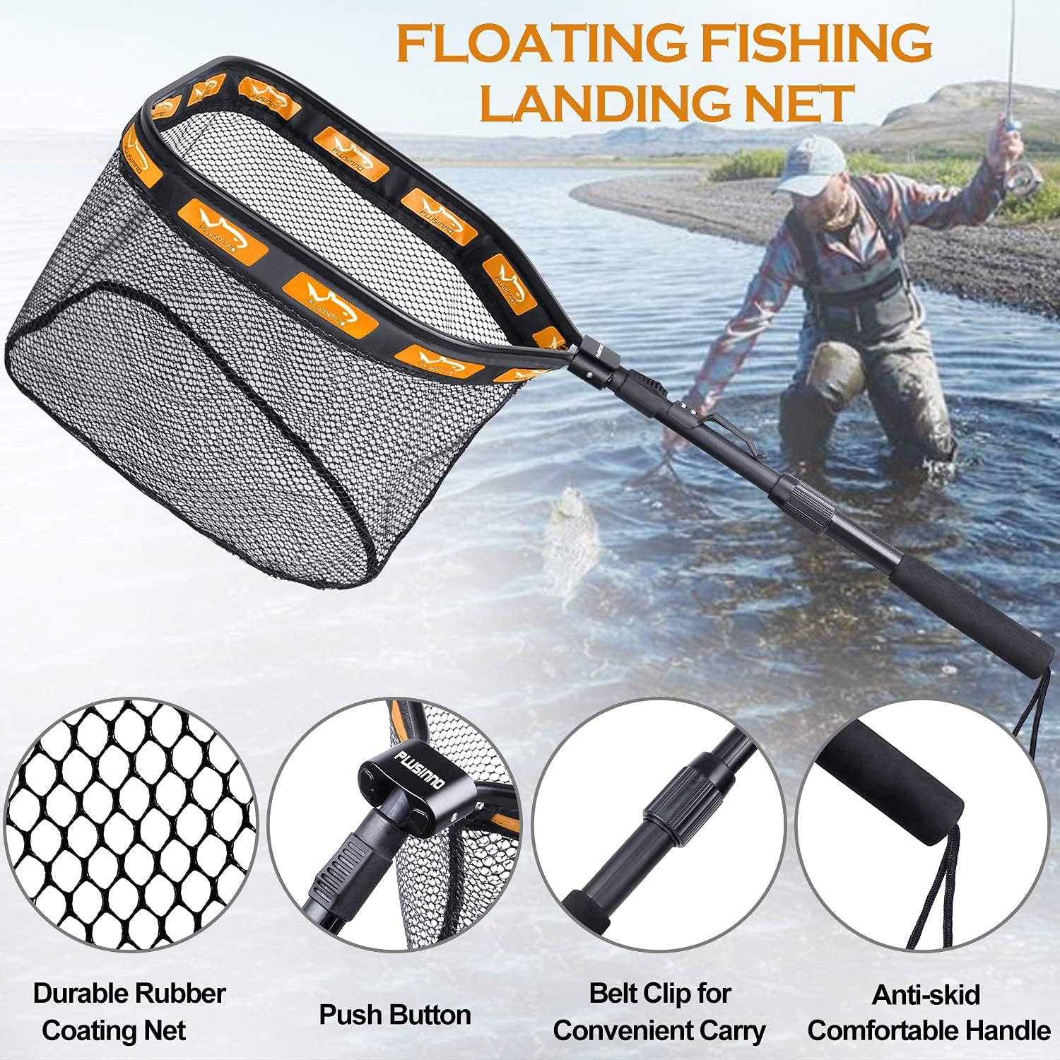 PLUSINNO Floating Fishing Net for Steelhead, Salmon, Fly, Kayak, Catfish, Bass, Trout Fishing