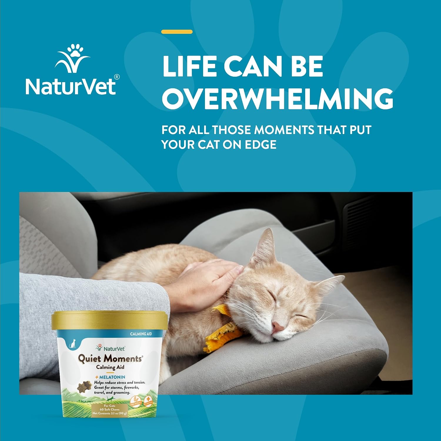 NaturVet Quiet Moments Calming Plus Melatonin Cat Supplement - 50 Count | Calming Aid for Cats - Reduce Stress, Pet Storm Anxiety, Motion Sickness - Great for Grooming, Separation and Travel