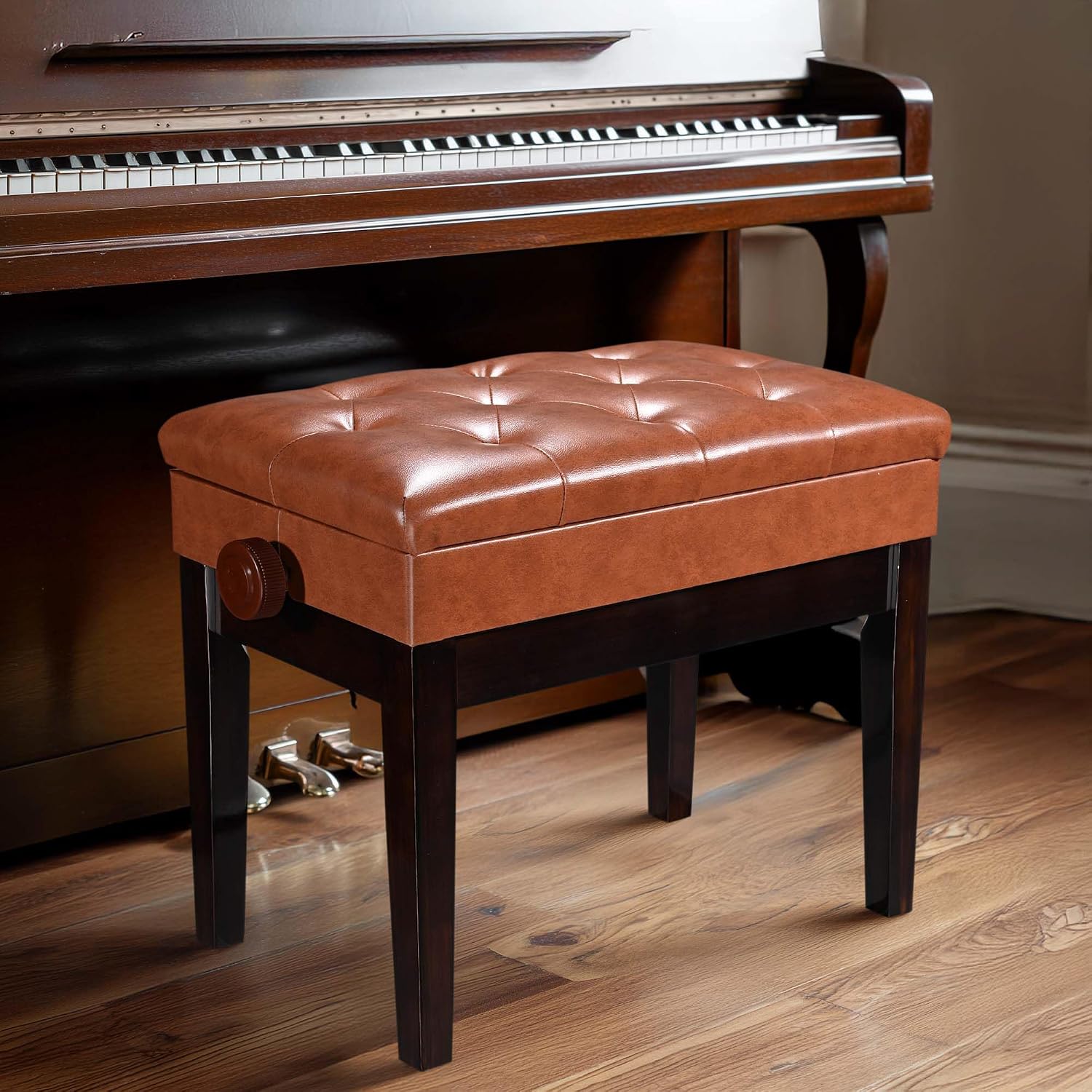AW Adjustable Piano Bench with Storage Brown Wooden Keyboard Stool Seat | Leather Cushion Paino Chair for Piano Shop Music School Studio Capacity 400lbs