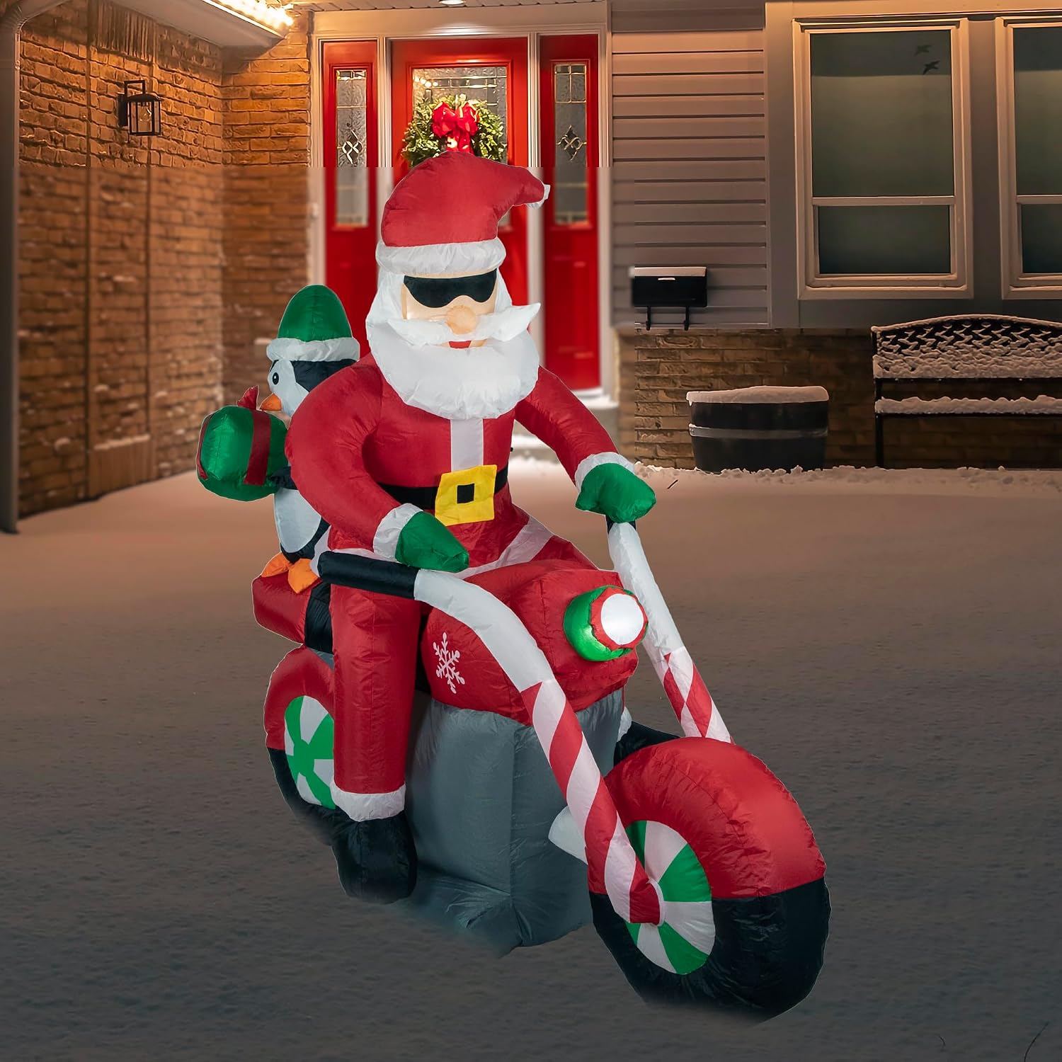 LED Lighted Santa and Penguin on Motorcycle Outdoor Christmas Inflatable - 5'