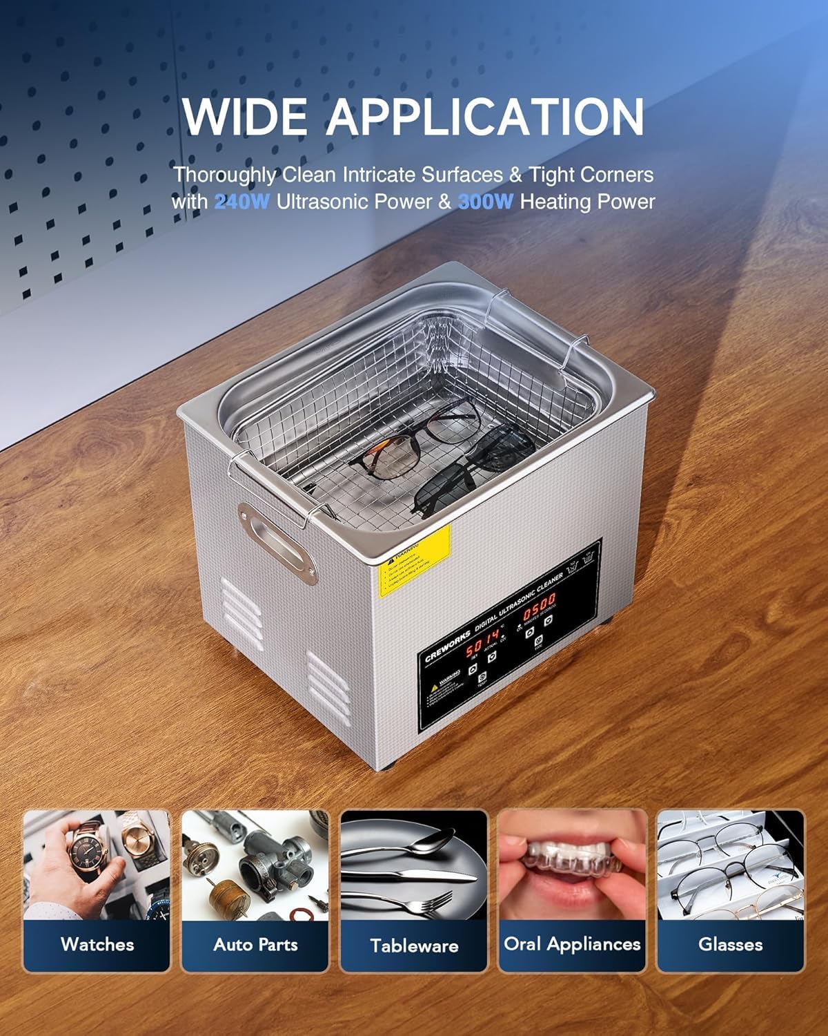 CREWORKS 3L Ultrasonic Cleaner, 0.8 gal Digital Sonic Cavitation Machine | 120W Stainless Steel Professional Jewelry Cleaner for Cleaning Tool Watch Glasses Retainer Denture Parts with Heater & Timer