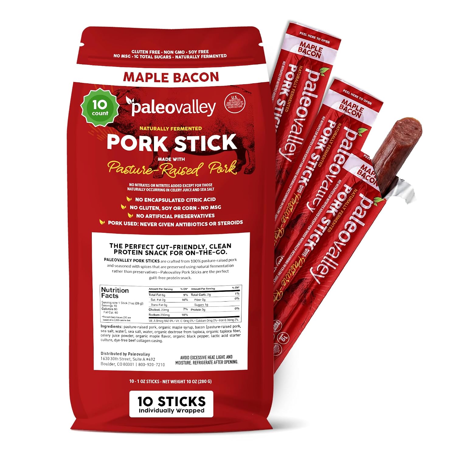 Paleovalley 100% Grass Fed Beef Sticks, Protein Snacks, Original | 10 Count, Individually Wrapped, Naturally Fermented, Gluten Free, Keto and Paleo, Made With Simple Ingredients, 6g Protein