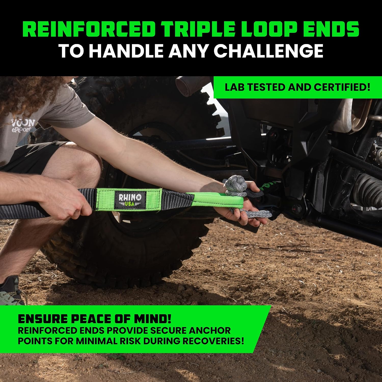 Rhino USA Recovery Tow Strap (3in x 30ft) - 31,518lb Heavy Duty Towing | 31,518lb Break Strength Emergency Tow Strap, Extended 30ft Length. For Truck, UTV, ATV & Jeep Offroad Recovery. Black