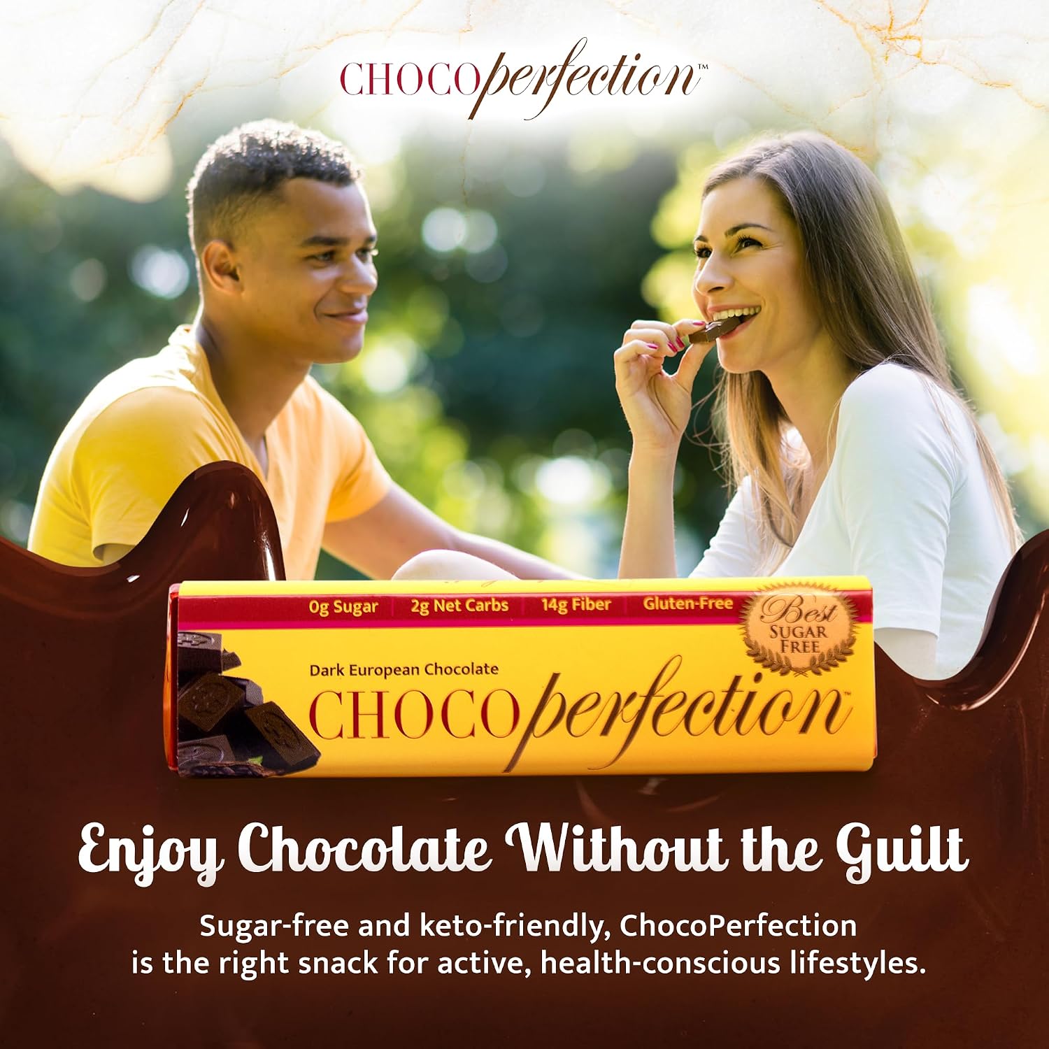 ChocoPerfection Dark Chocolate Bars - No Sugar Low Carb Snack - 12 Pack 50G