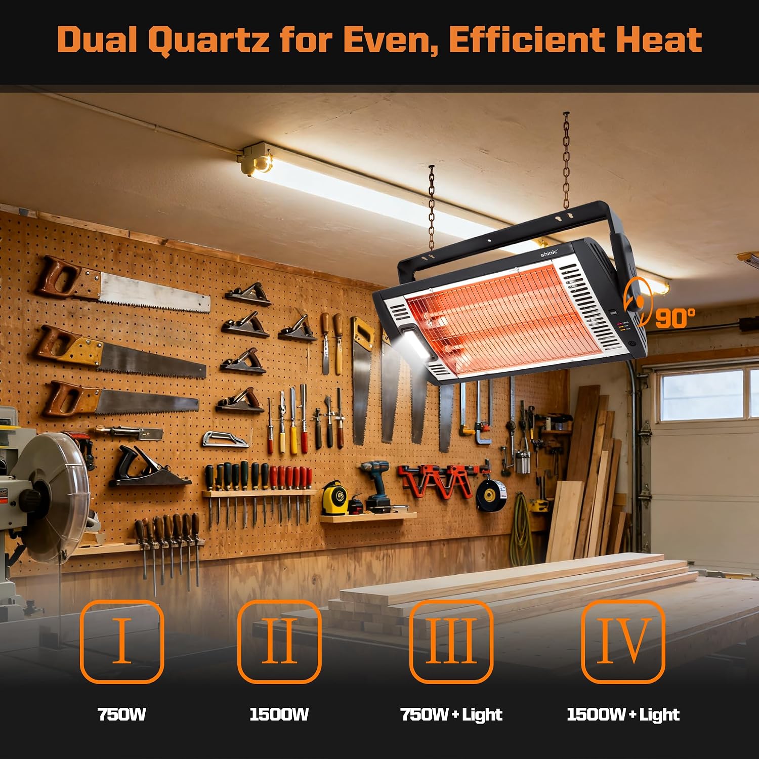 Shinic Electric Garage Heaters with Remote Control, 1500W/750W Ceiling Mounted Radiant Quartz Heater with Work Light, 90° Rotation, 5 Mode Settings