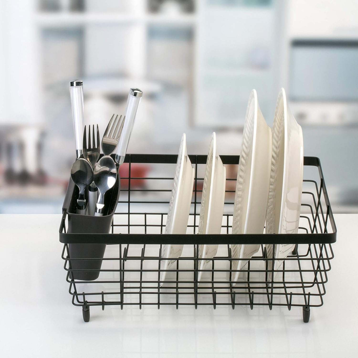 Kitchen Details Flat Wire Countertop or Over The Sink Dish Drying Rack with Cutlery Basket | Holds up 10 Dishes | Mugs | Kitchen Accessories | Black