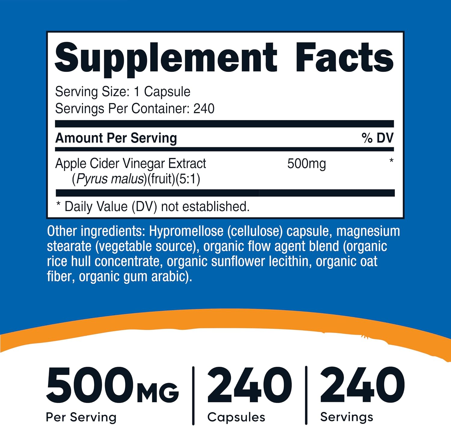 Nutricost Apple Cider Vinegar Capsules 500mg, 240 Vegetarian Capsules | Natural, GMO-Free and Gluten Free