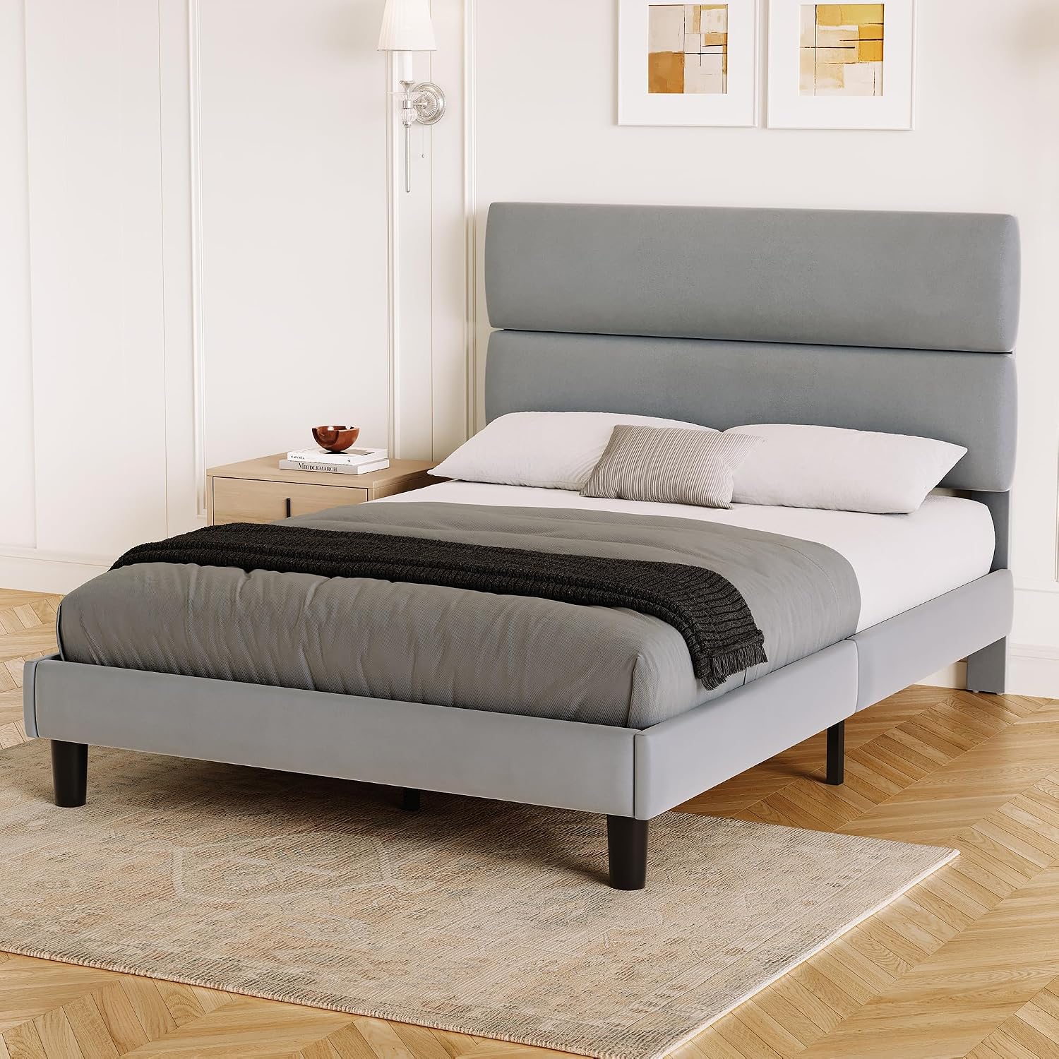 GRUSIGN Queen Size Platform Bed Frame with Velvet Headboard, Adjustable Height Wooden Slats Support, Upholstered Mattress Foundation, Fits Mattress or Mattress with Box Spring, Easy Assembly, Beige