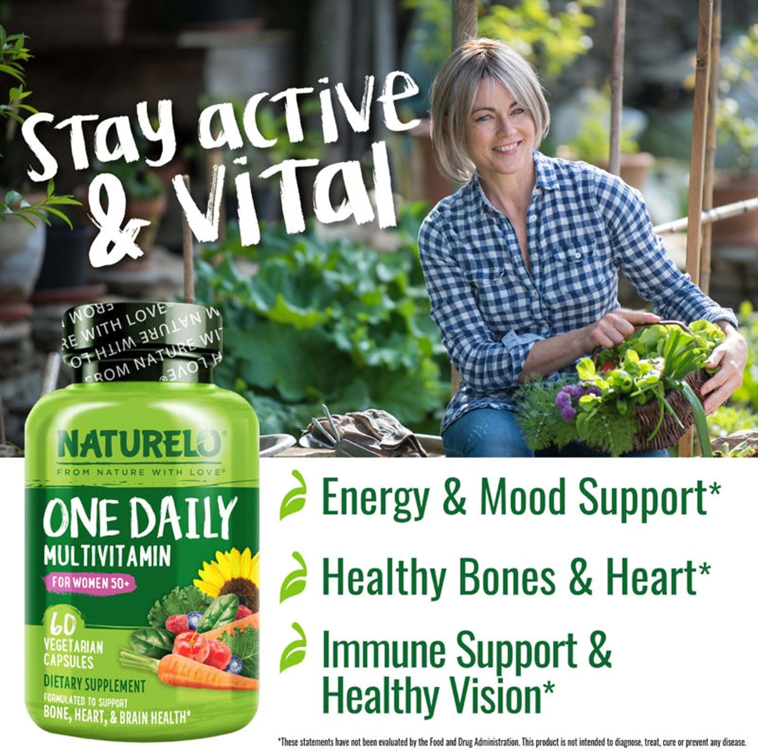 NATURELO One Daily Multivitamin for Women 50+ (Iron Free) - Menopause Support for Women Over 50 - Whole Food Supplement - Non-GMO - No Soy - 60 Capsules - 2 Month Supply | Energy Support, Whole Food Daily Women Multivitamin Supplement, Nourish Hair/Skin/…