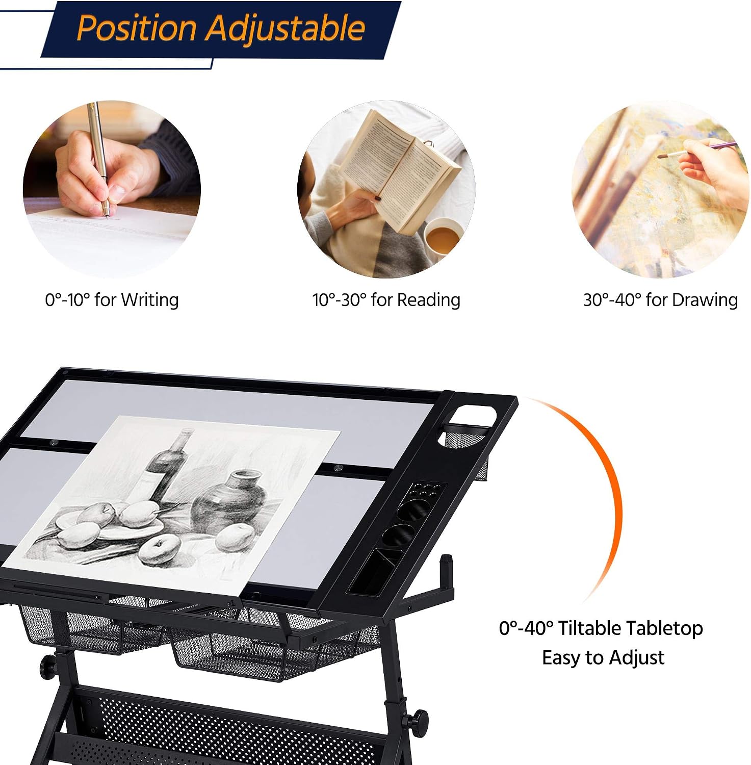 Yaheetech Adjustable Drafting Table & Stool, Tilting Glass Art Desk
