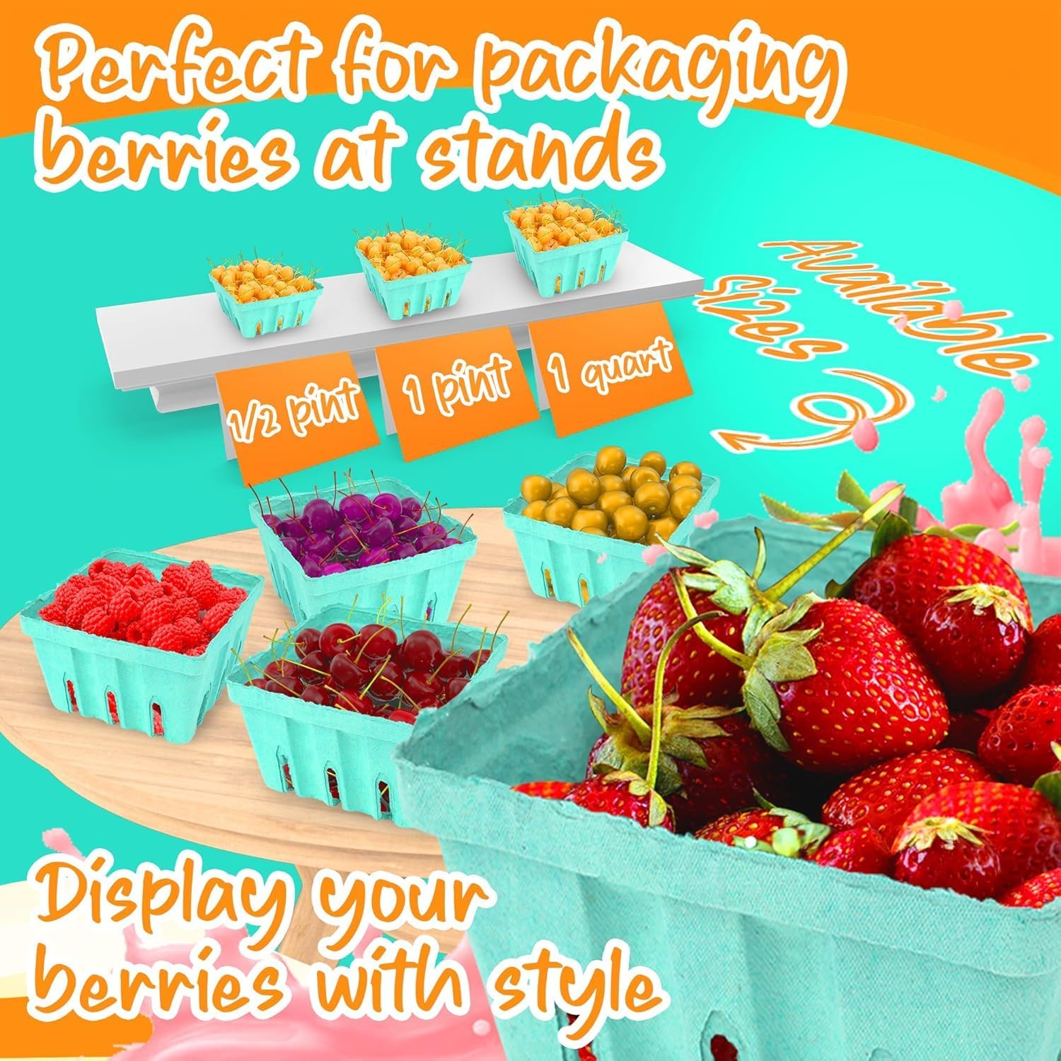 MT Products Green Berry Basket 1 Quart - Molded Pulp Fiber Vented Produce Basket (Pack of 15) - Made in the USA