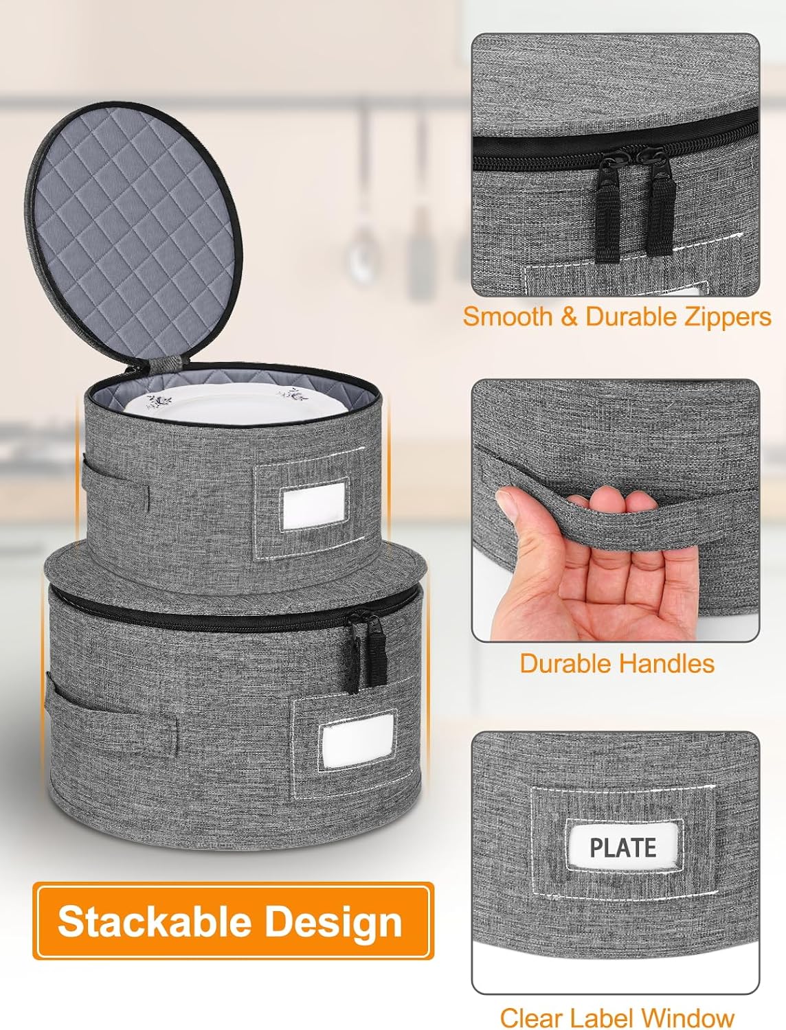 China Storage Containers, 4-Pack Hard Shell Plate & Dish Cases for Moving | Padded dividers and quilted lining protect plates and dishes; stackable for moving and holiday storage, beige hold set of 12