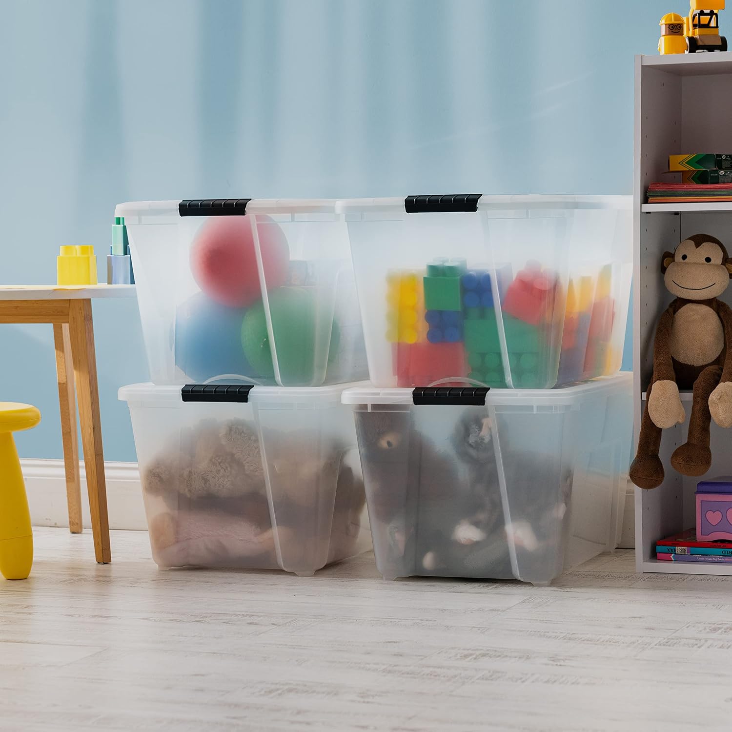 IRIS USA 6-Pack 54 Quart Storage Bins with Lids, Clear | Transparent design makes contents easy to find. Perfect for moving, blankets, clothing, and garage storage. Nestable design