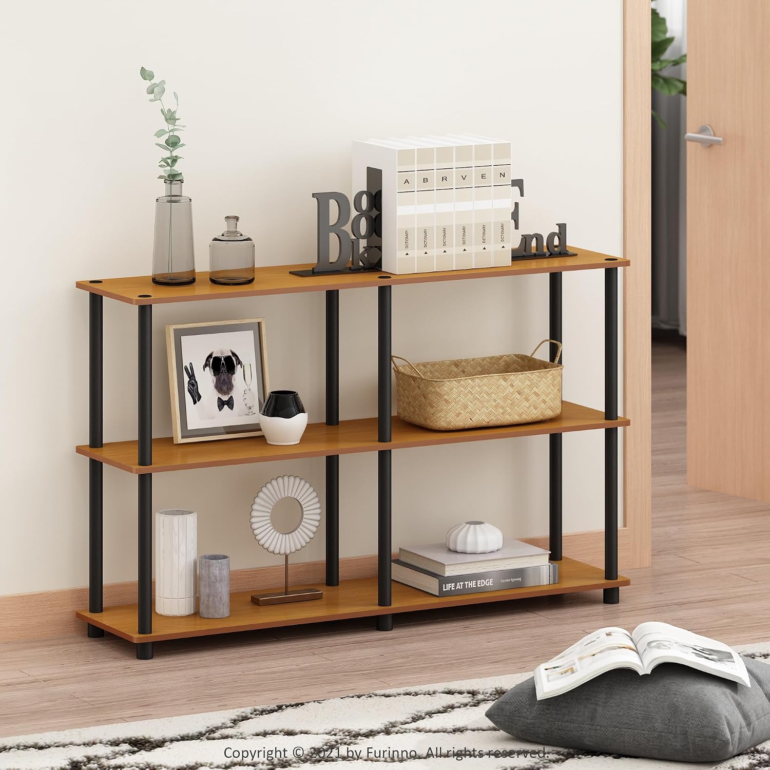 Furinno TURN-N-TUBE Storage Shelves, 3-Tier 47.4 Wide Book Shelf, Corner Shelf, Toolless Open Shelves, for Organization and Storage, Living Room, Garage, Home Office, Black