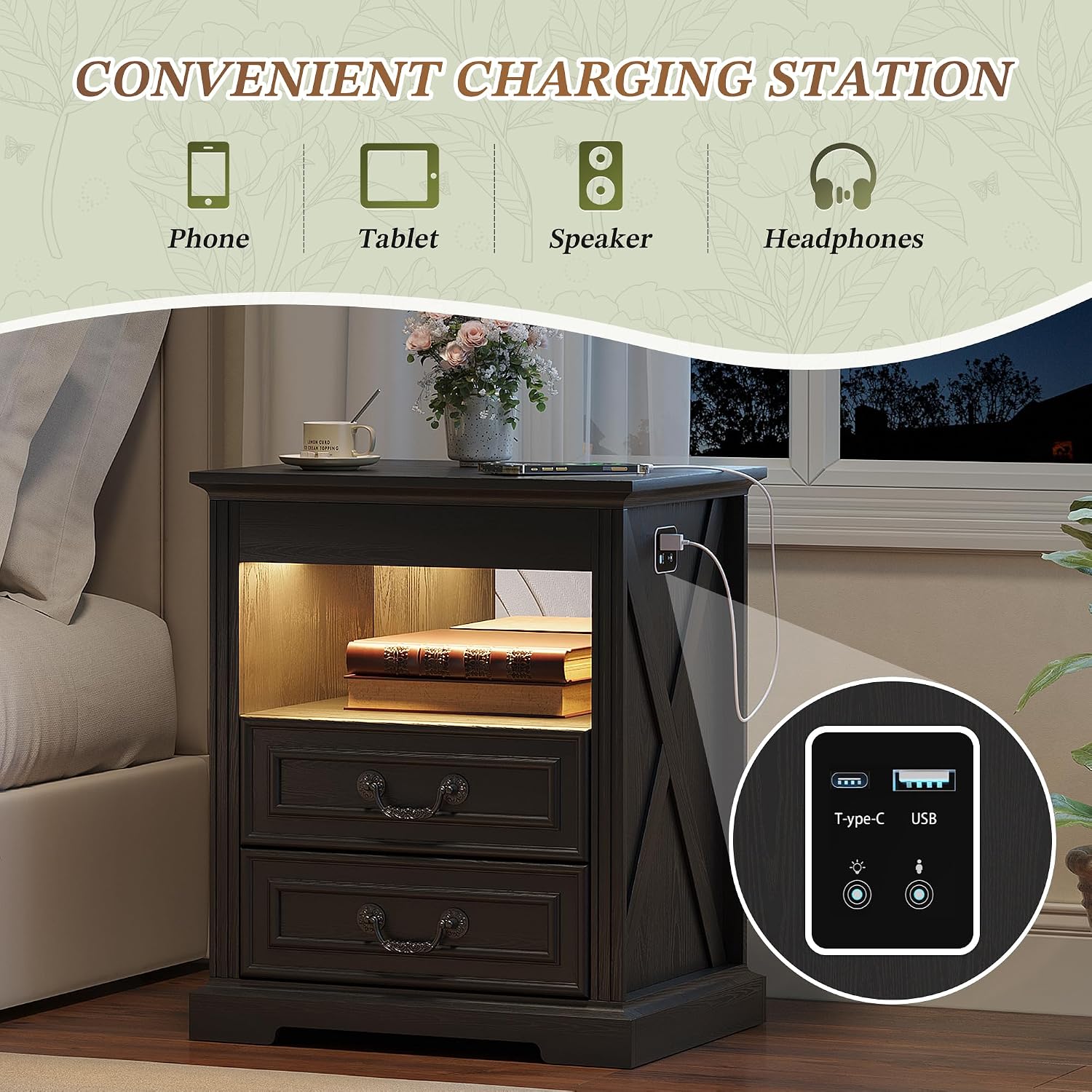 Dystler Nightstand with Hidden Gun Safe Drawer, Charging Station & LED Lights