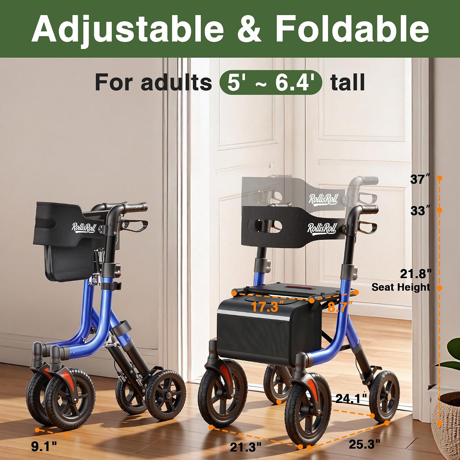 Walkers for Seniors, Rollator Walker with Seat, 10" Big Rubber Wheels All Terrain Rolling Walker, Lightweight Foldable Rollator Walker, Built-in Cable, Reinforced Aluminum Frame, Orange