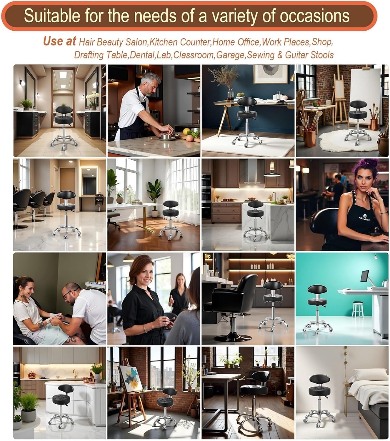 Kaleurrier Rolling Stool with Back Rest: Swivel Chair Adjustable Height