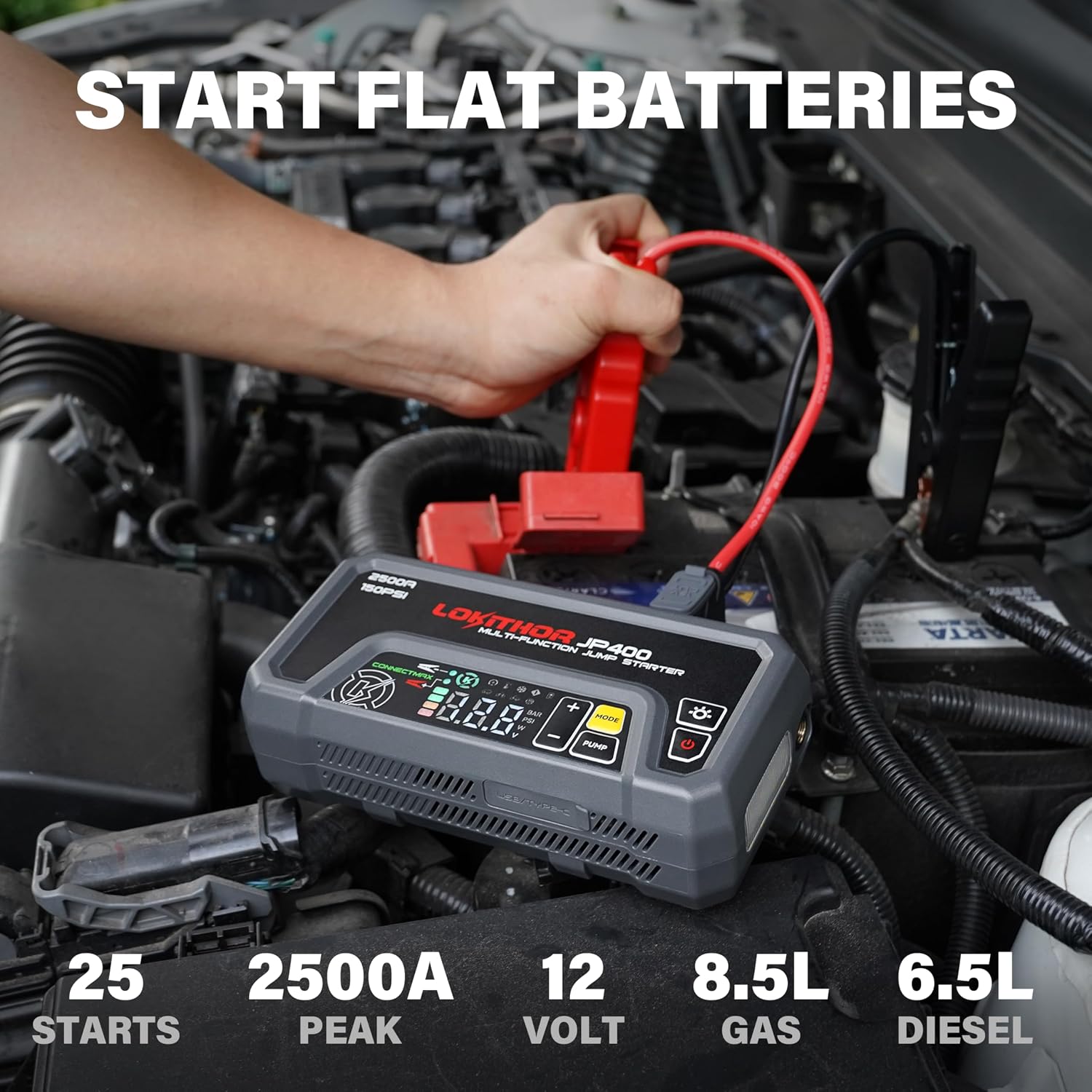 LOKITHOR JP400 Jump Starter with Air Compressor for 8.5L Gas/6.5L Diesel | 2500A 12V Portable Jumper Starter for Car, 150PSI Tire Inflator, 300 Lumen LED Light, Power Bank, ConnectMax, Jumper Cables
