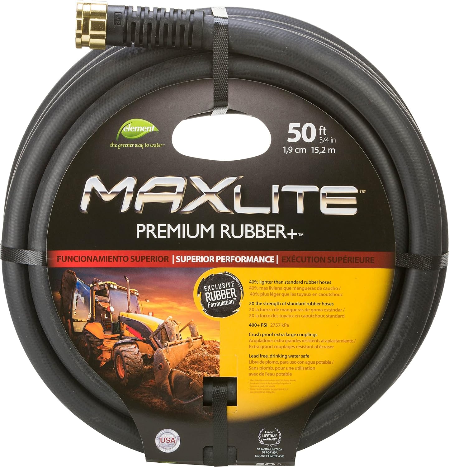 Swan Products CELSGC58050 Element MAXLite Premium Rubber+ Water Hose with Crush Proof Couplings 50' x 5/8", Black