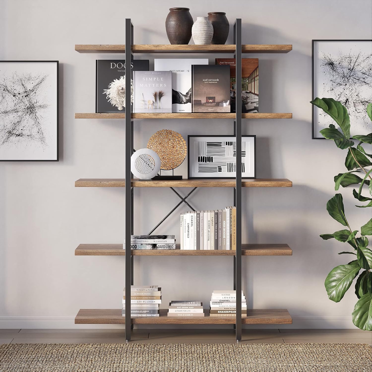 BELLEZE 4 Tier Modern Rustic Industrial Bookshelf, Open Wide Office Etagere Book Shelf