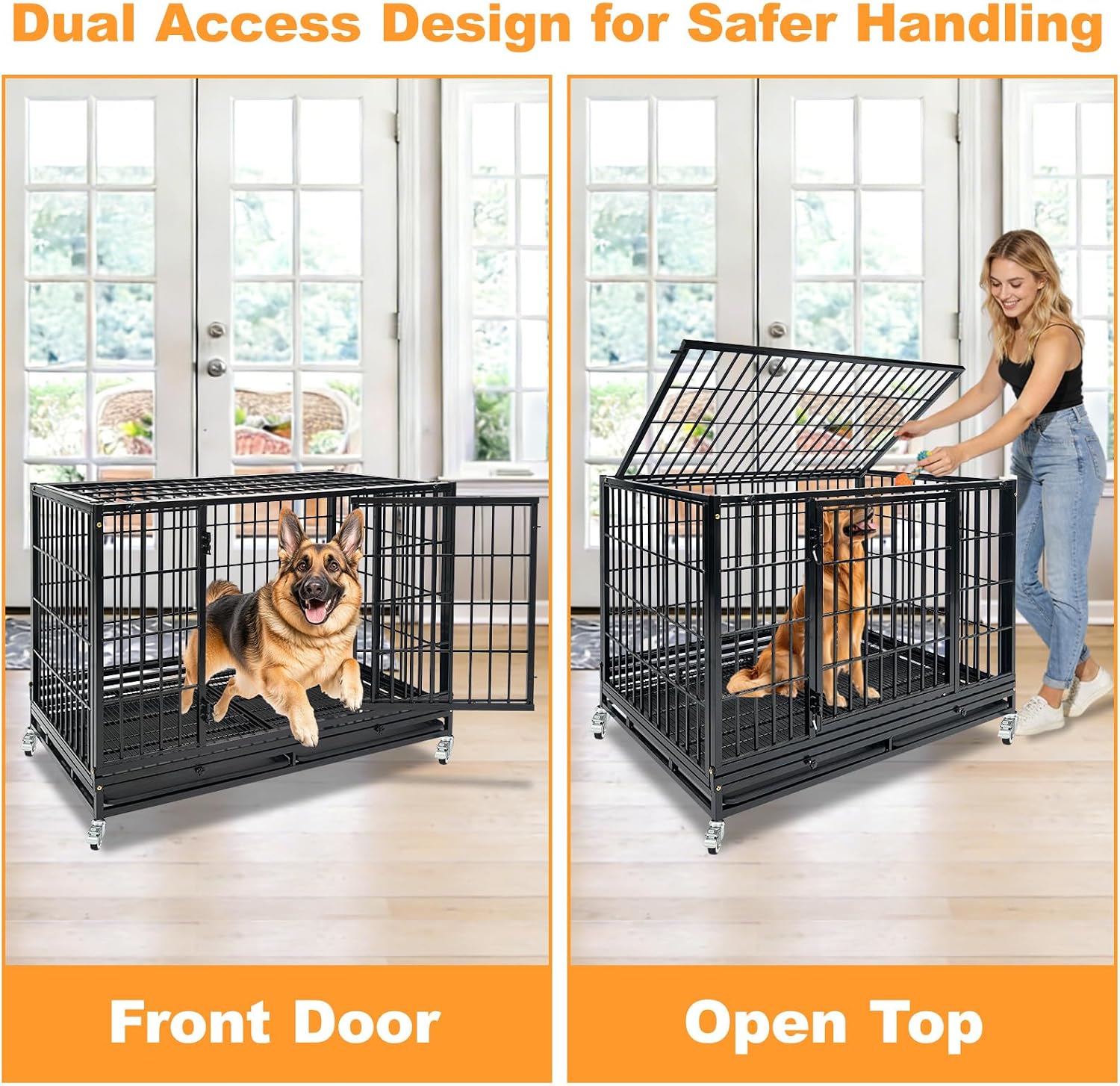 Homey Pet Taller 43" Heavy Duty Double Dog Crates with Divider & Dual Door | Drop Cage for Dogs with Lockable Wheels, Bowls, Removable Tray, Top Access, Ideal for Small to Medium & Large Dogs, Breeders