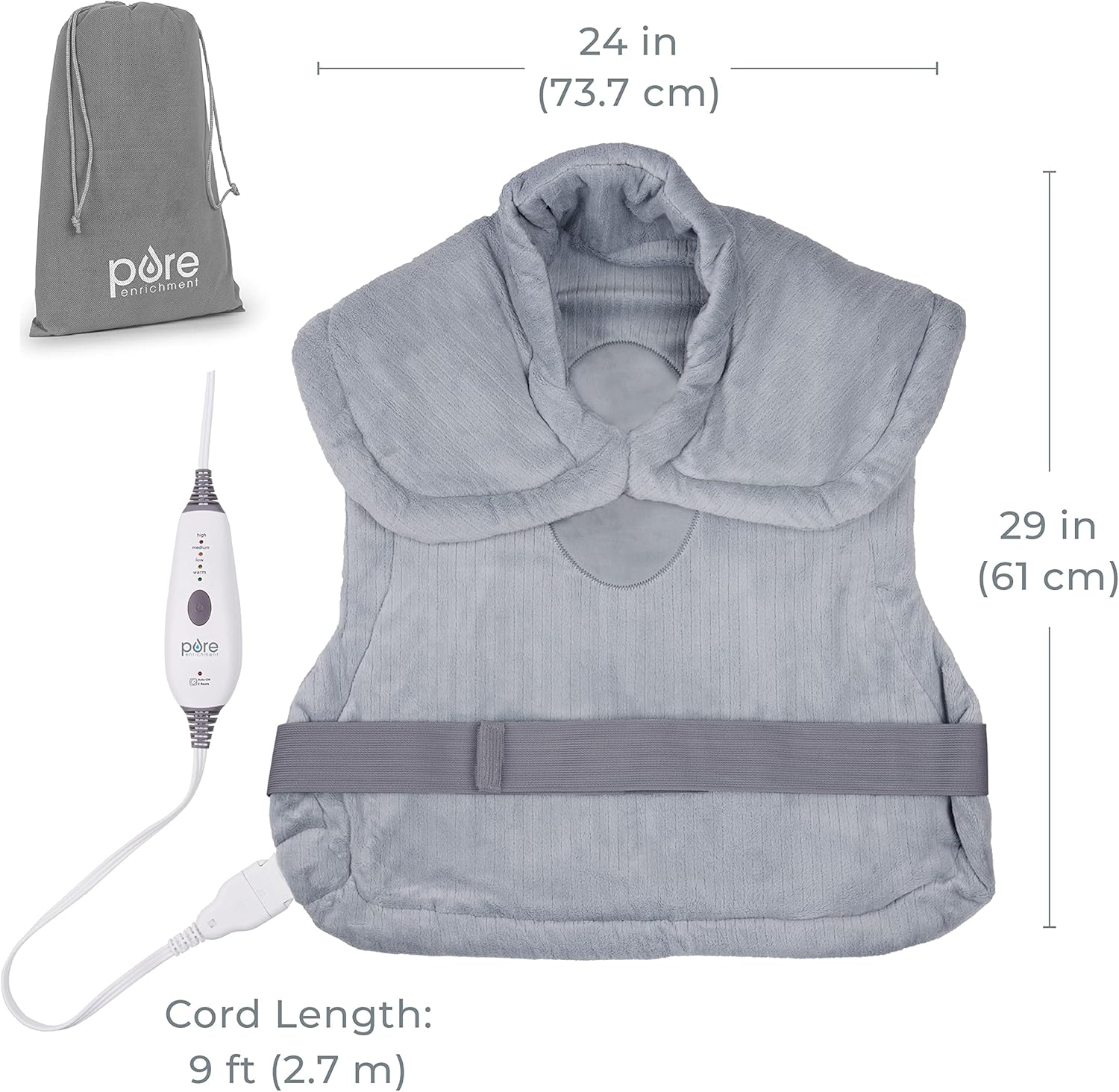 Pure Enrichment PureRelief XL Extra-Long Back & Neck Heating Pad, Safe Heat Therapy for Sore Muscles, Pain, & Cramps in Neck, Back, & Shoulders, 4 Heat Settings w/Auto Shut-Off, Soft Fabric (Gray)