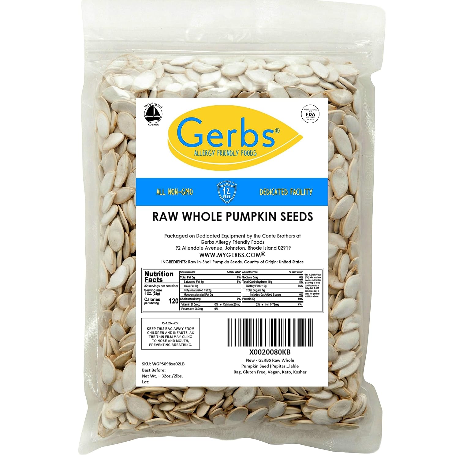 Gerbs Raw Whole Pumpkin Seeds 2 lbs. | In-Shell, 10.5 mm Size, Resealable Bag | Mildly Nutty & Crunchy | Top 14 Allergen-Free