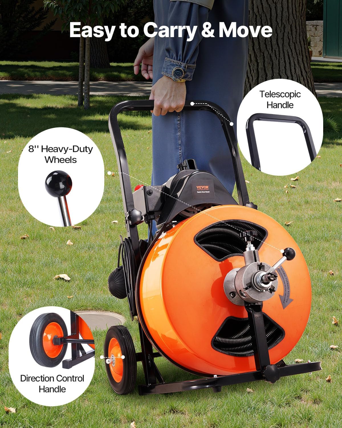 VEVOR 100FT x 3/4 Inch Drain Cleaner Machine Sewer Auger Auto Feed with 4 Cutter & Air-Activated Foot Switch for 4" to 8" Pipes, Orange, Black