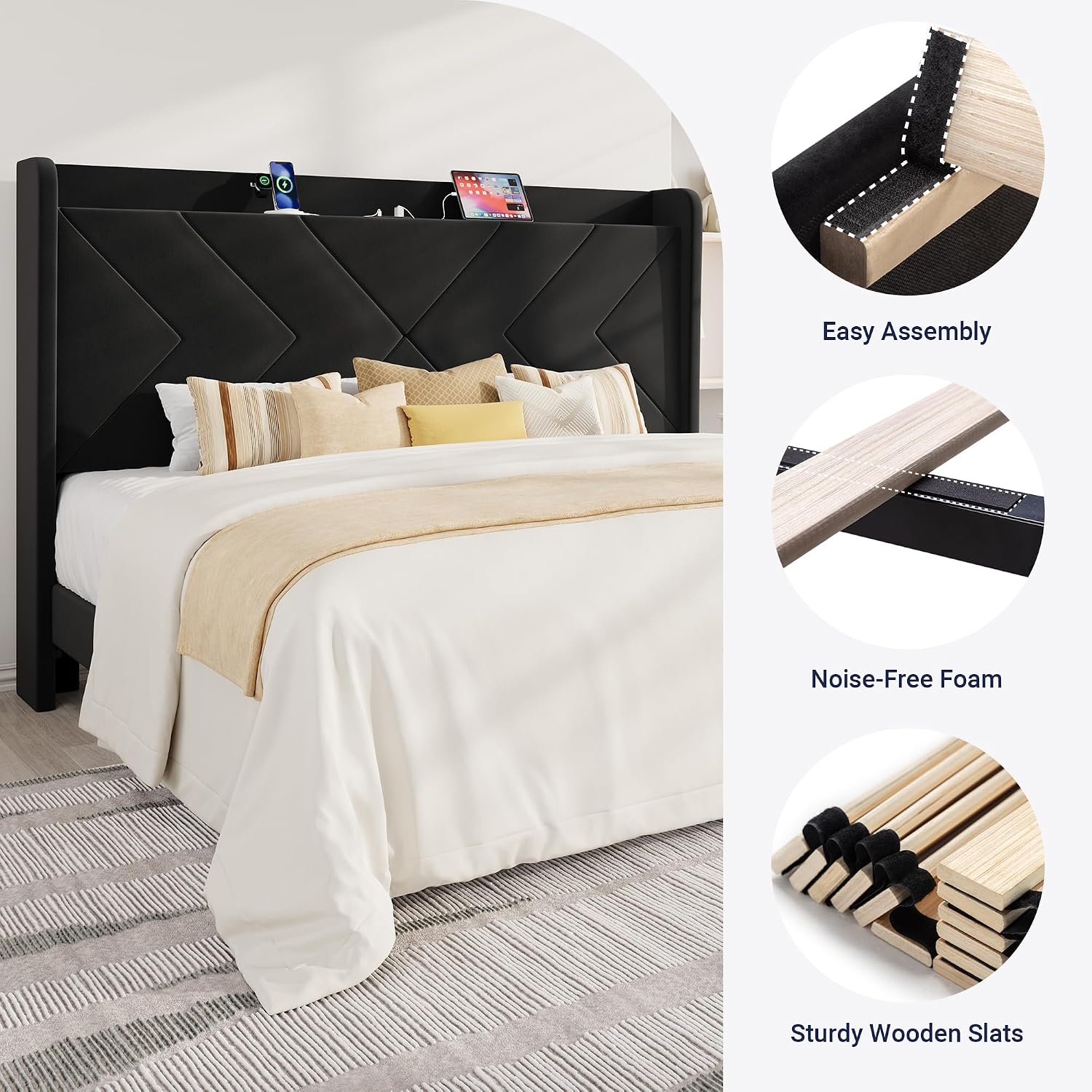 Allewie Full Size Platform Bed Frame with Charging Station and Storage Shelf/Upholstered Velvet Wingback Headboard/Wooden Slats Support/No Box Spring Needed/Easy Assembly, White