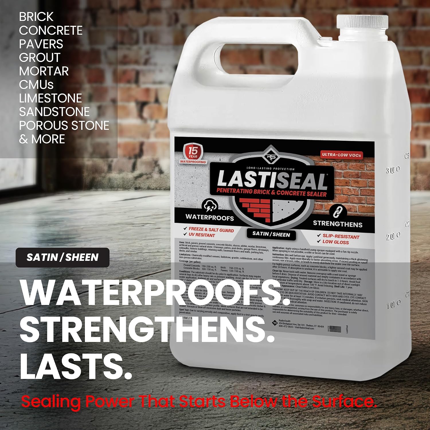 LastiSeal Brick & Concrete Sealer Satin (5-gal) - Water-Based Penetrating Sealer for Brick, Concrete, Stone