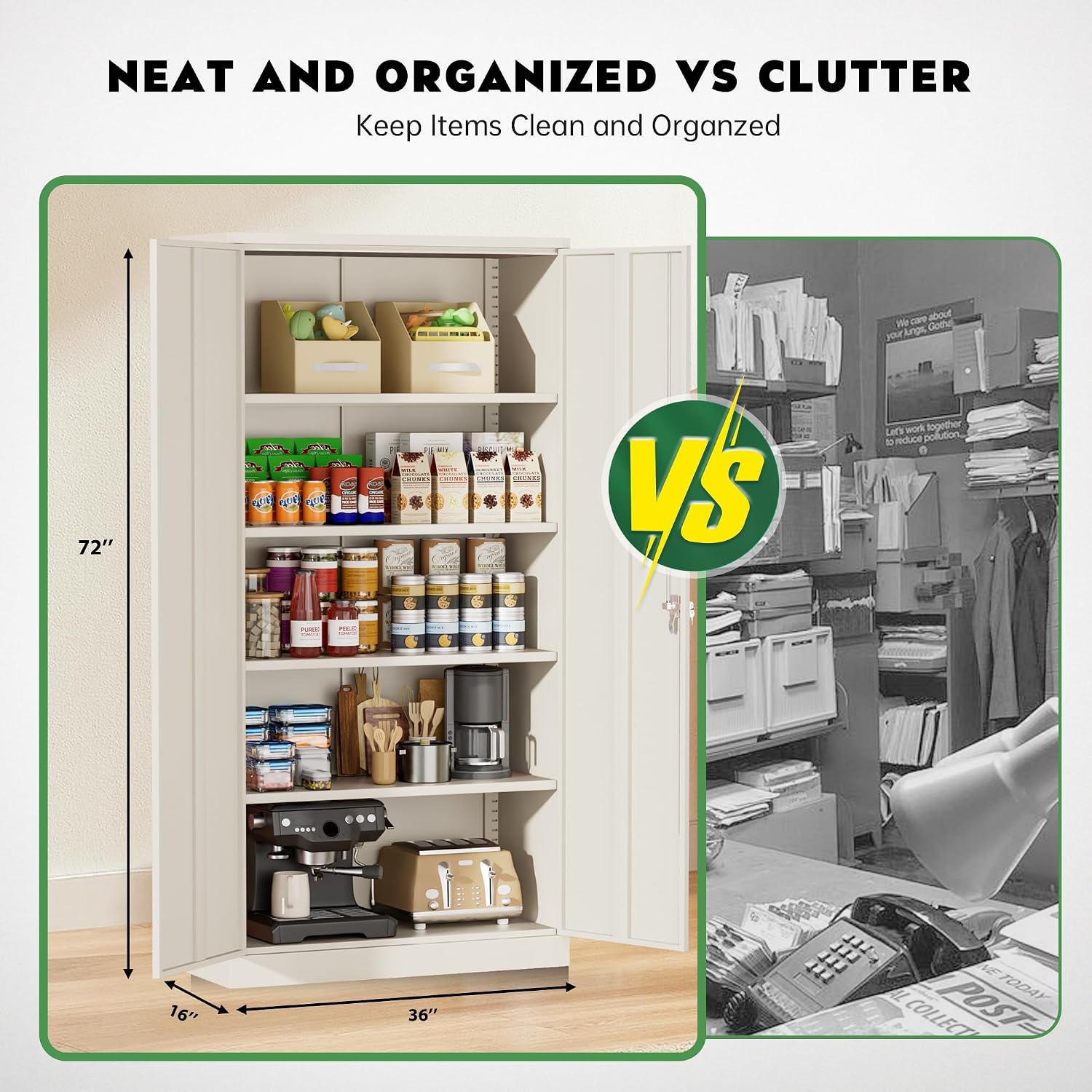 Greenvelly Steel SnapIt Storage Cabinet, 72" Locking Metal Garage Storage Cabinet with 4 Adjustable Shelves, 2 Doors and Lock for File, Office, Garage