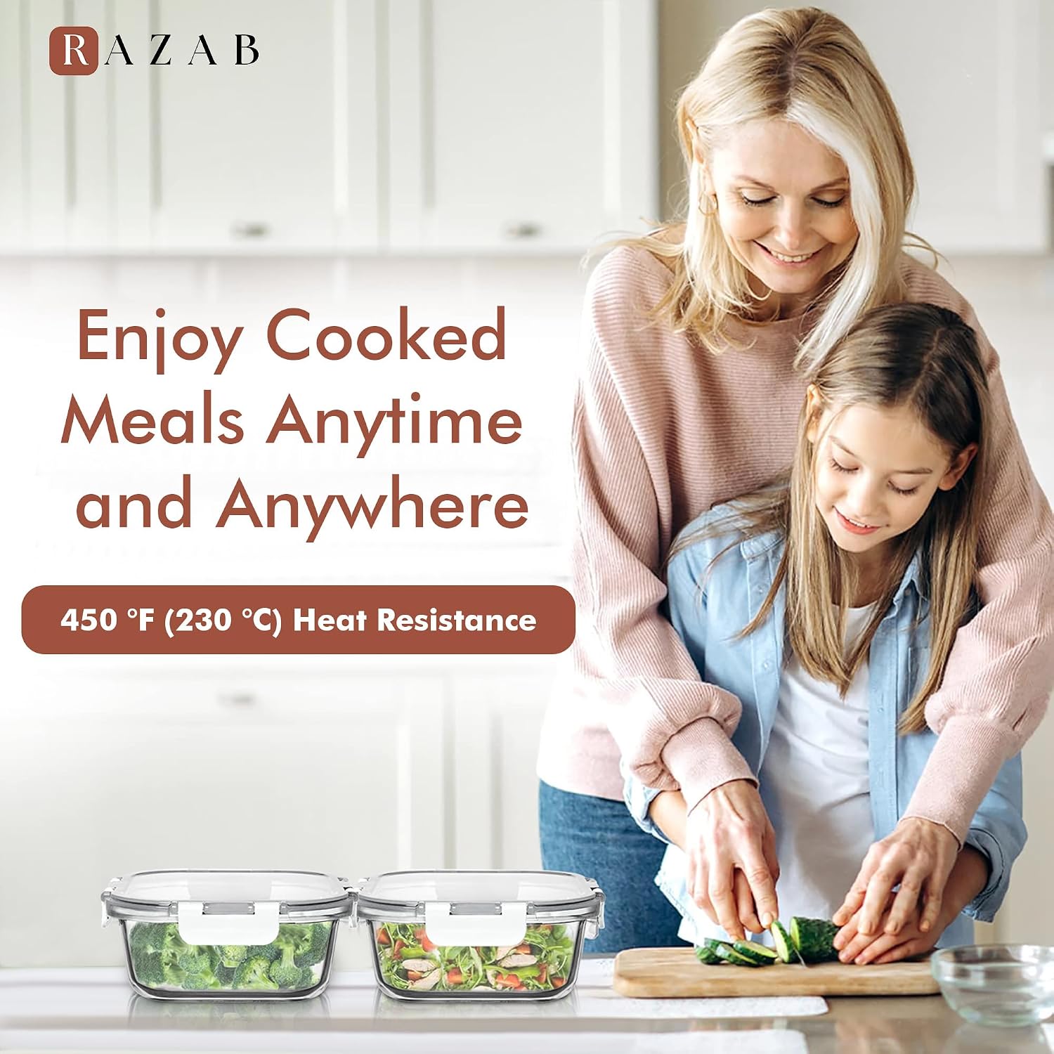 Razab 2 PC 1200ML / 41 Oz Glass Food Storage Containers with Lids - Airtight & Leakproof - Microwave/Oven/Freezer Safe - BPA Free - Ideal for Meal