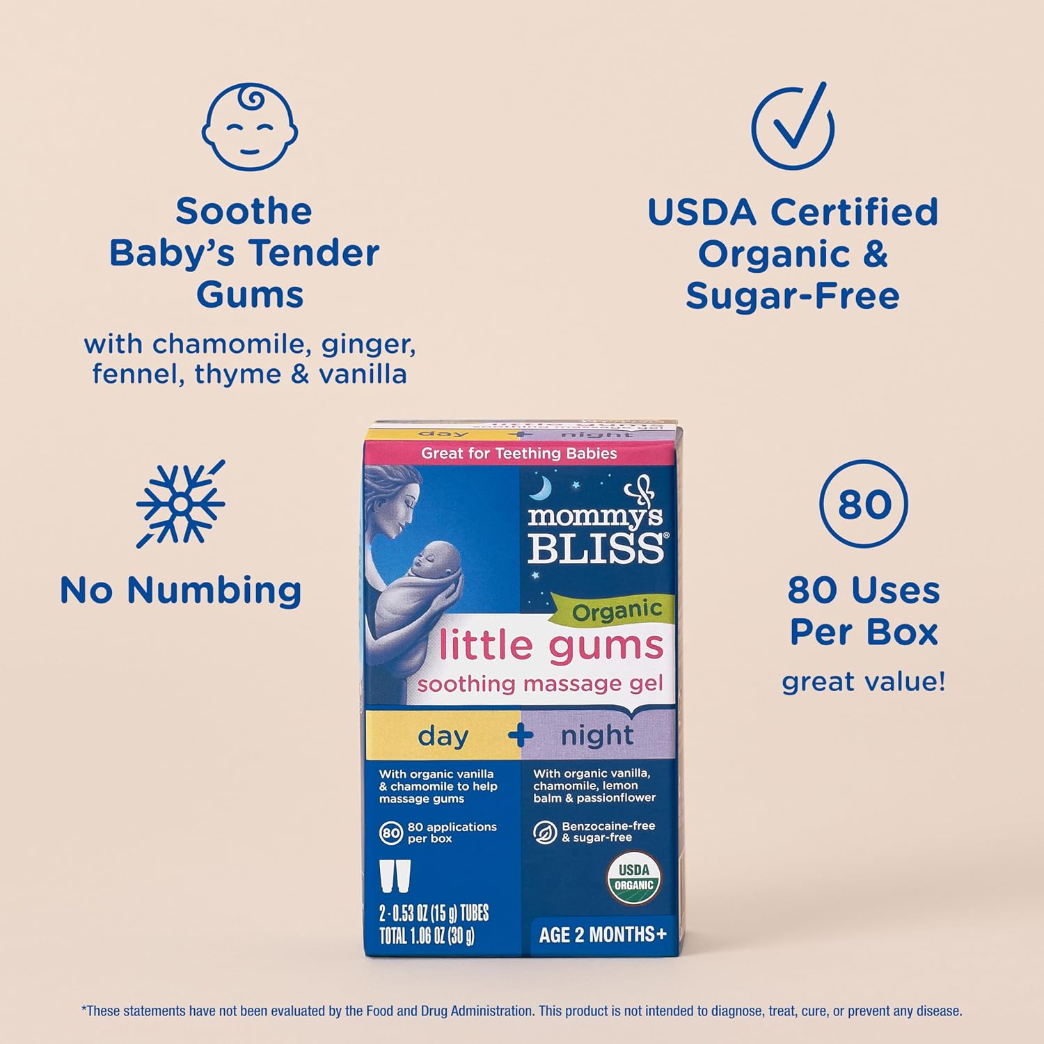 Mommy's Bliss Organic Little Gums Soothing Massage Gel Day and Night Combo, Great for Teething Babies, Age 2 Months+, Sugar Free, Mild & Sweet Flavor