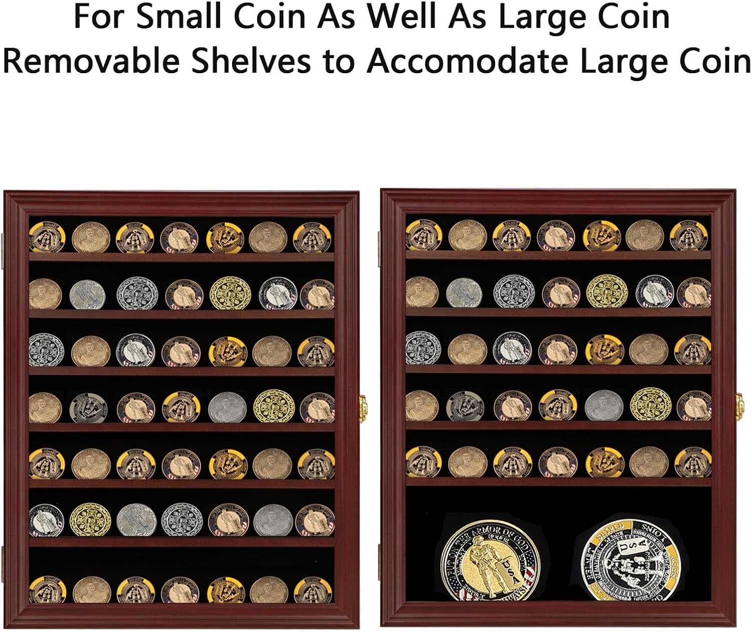 Jinchuan Military Challenge Coin Display Case Lockable Cabinet Rack Holder Shadow Box with Removable 2 Grooves Shelves and Anti Dust Door for Casino