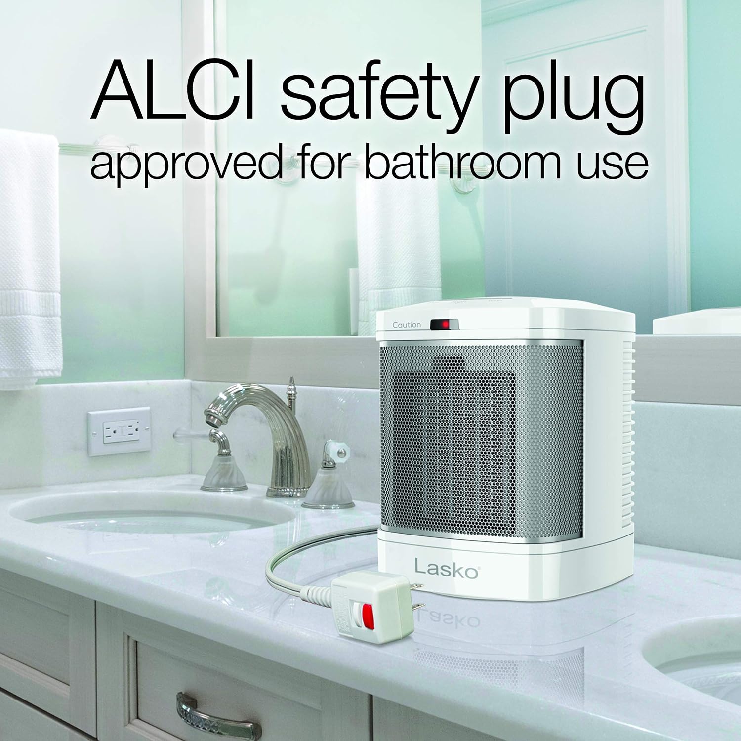 Lasko Electric Ceramic Space Heater for Bathroom - 8” - CD08200 - White | ALCI Safety Plug, Portable, 2 Heat Settings, Simple Heat Button, Overheat Protection, Cool Touch Housing, 1500W