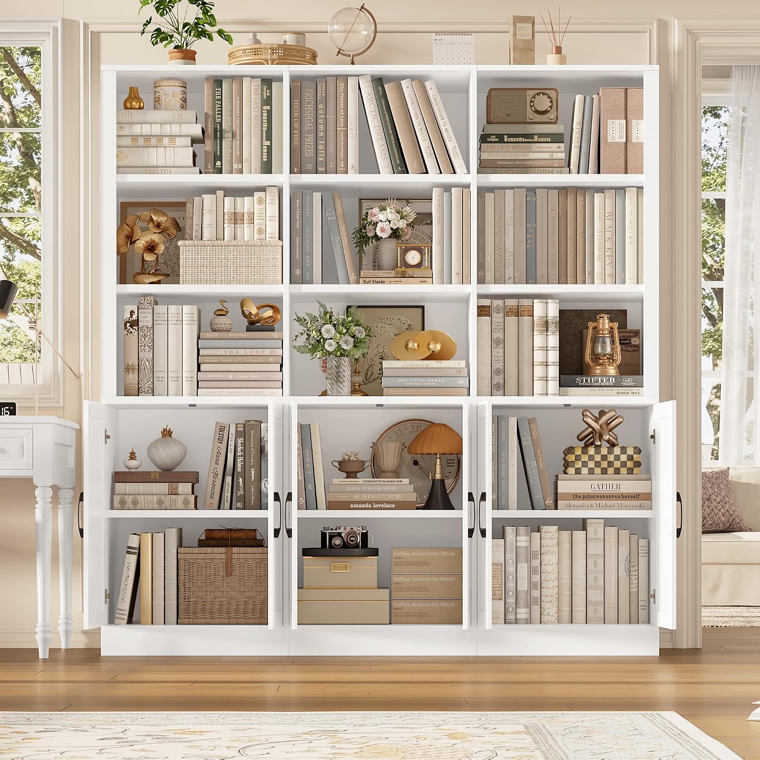 70” H x 63” W Triple Wide Bookshelf, Tall Bookcase with 6 Doors | 5 Tier Book Shelf with 15 Storage Shelves, Tall Book Case Large Bookshelves with Storage Cabinet for Home Office, White