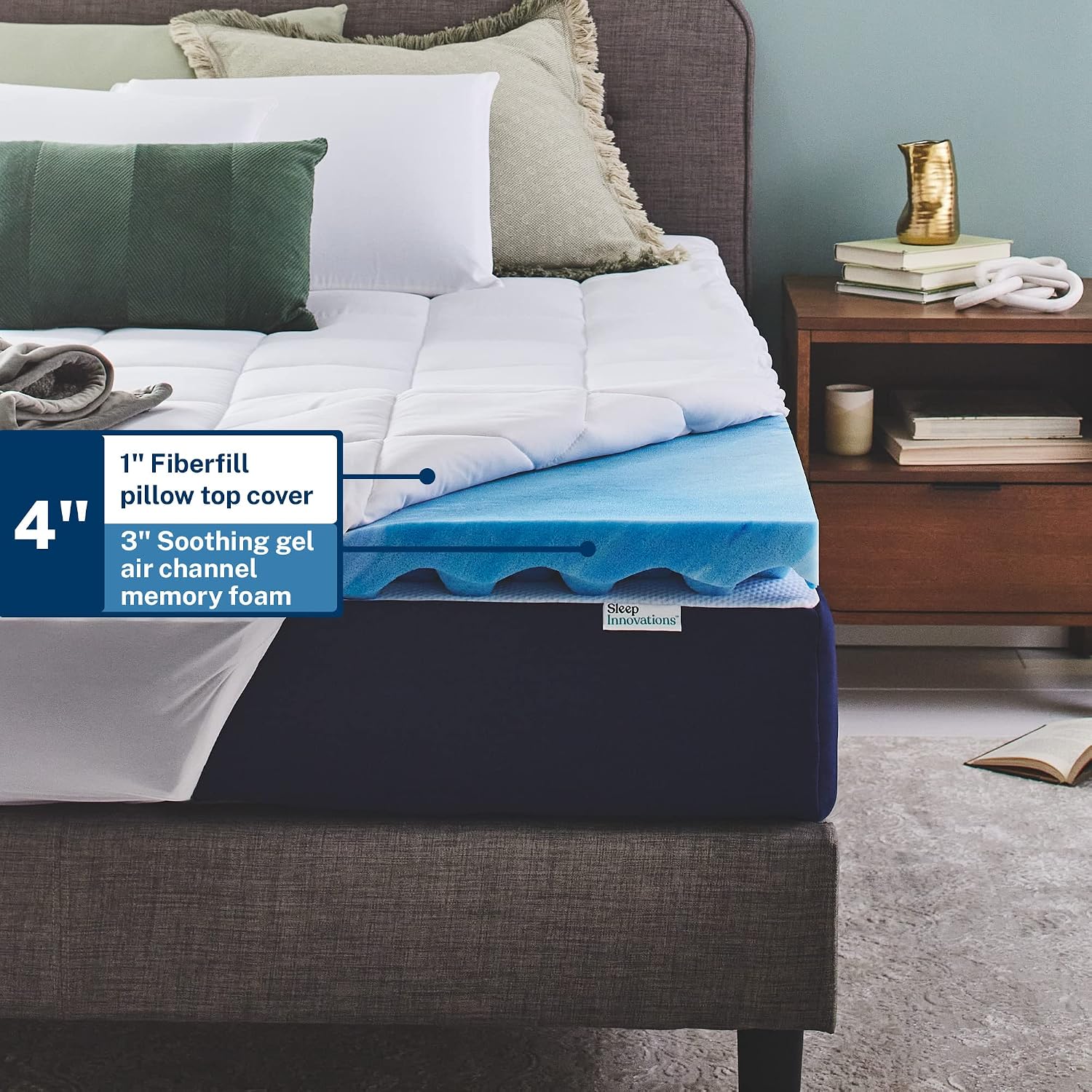 Sleep Innovations Dual Layer 4 Inch Memory Foam Mattress Topper, King Size, Ultra Soft Support
