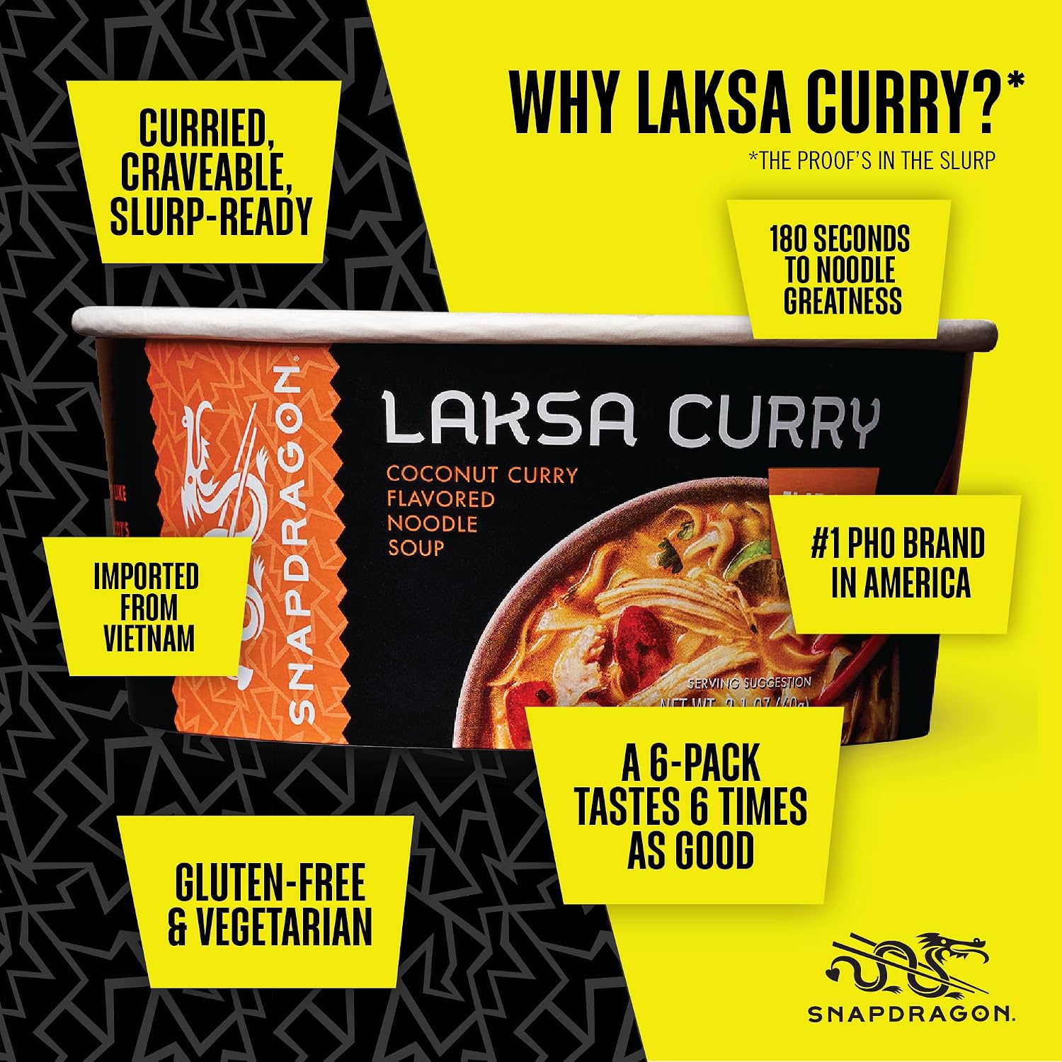 Snapdragon Laksa Curry Instant Noodle Bowls | Coconut Curry Flavor with Rice Noodles | Gluten-Free | No MSG Added | 2.1 oz (6 Pack)
