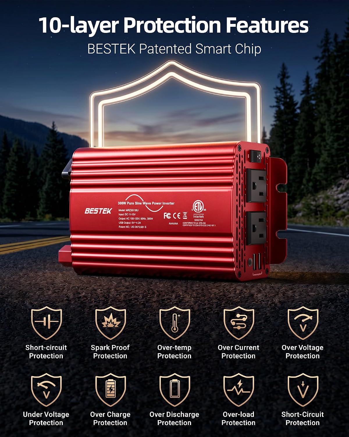 BESTEK 300W Pure Sine Wave Power Inverter - DC 12V to AC 110V Car Converter