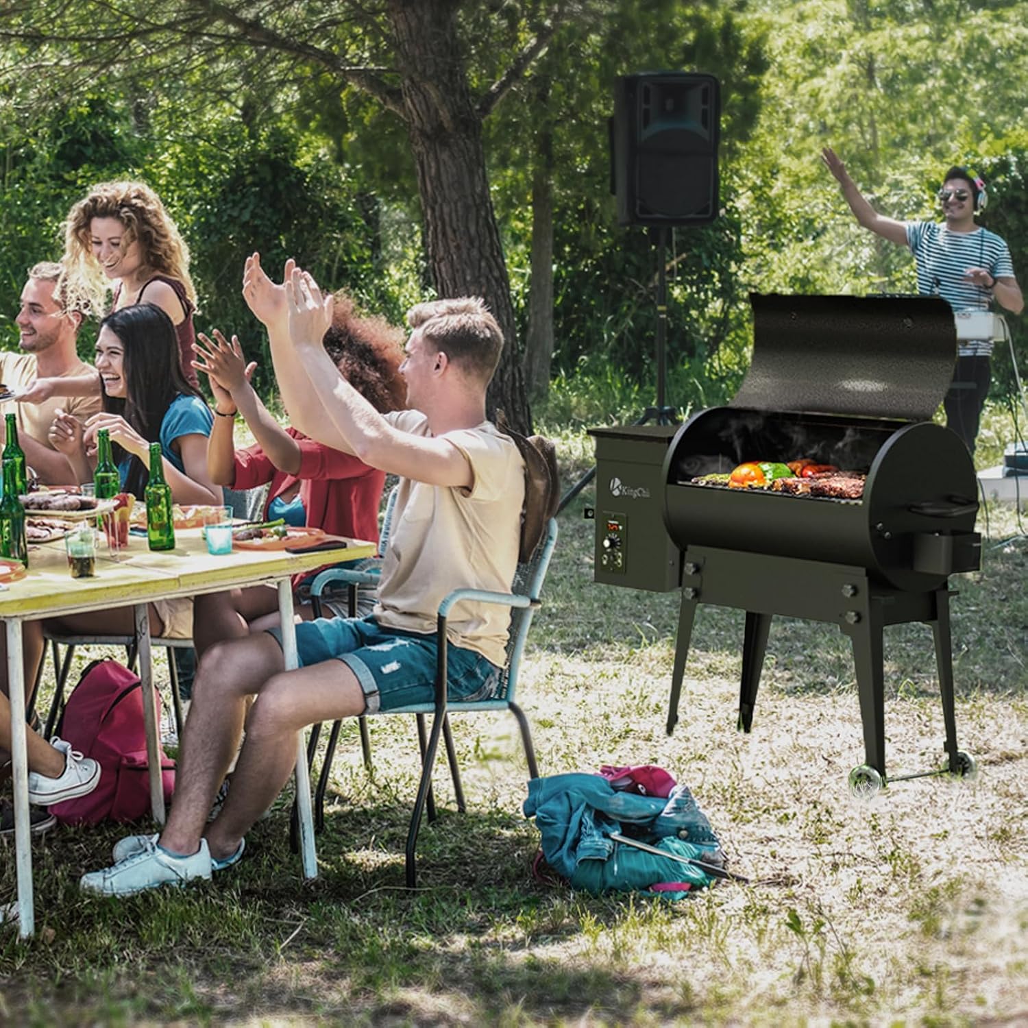 KingChii Electric Wood Pellet Grill & Smoker with Side Shelf, 456 SQ.IN Grill Capacity, with PID Temperature Control (180-425°F) for Backyard Camping Bake and Roast, Black