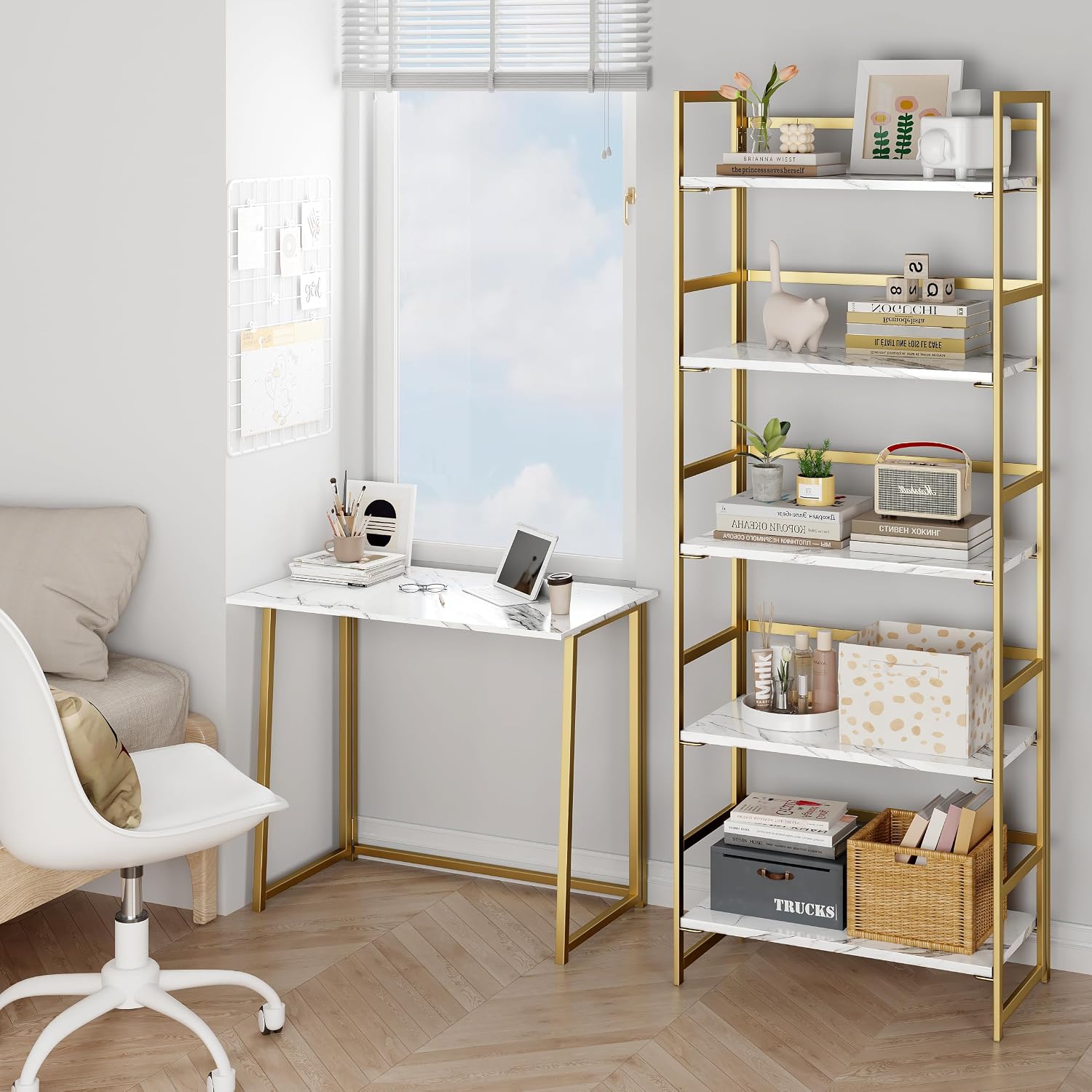 Vintage Multifunctional Folding Bookshelf, No-Assembly Plant Stand Storage Rack Shelves for Home Office (Fire, 5-Tier)