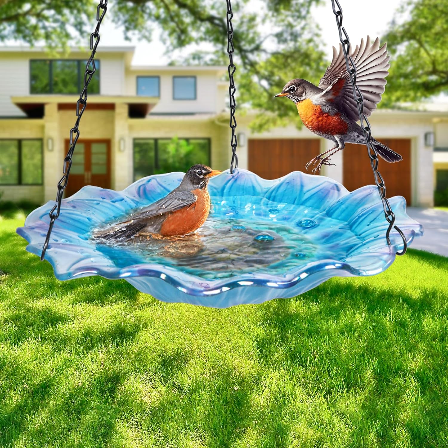 VCUTEKA Hanging Bird Baths Outdoor Glass Birdbath Feeder for Garden Decor