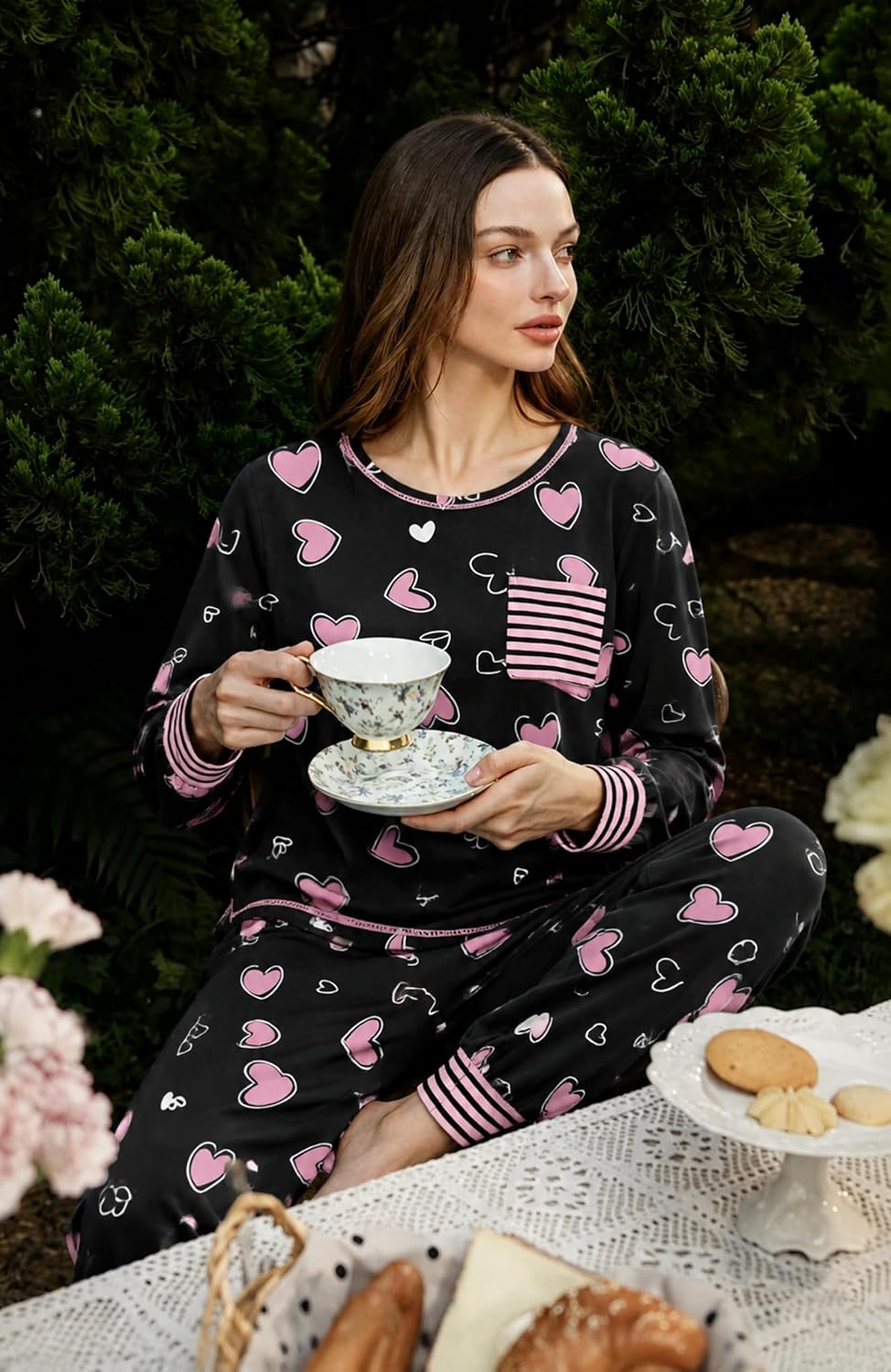 SWOMOG Women’s Pajamas Set Long Sleeve Sleepwear with Long Pants Soft Modal Loungewear Pj Set