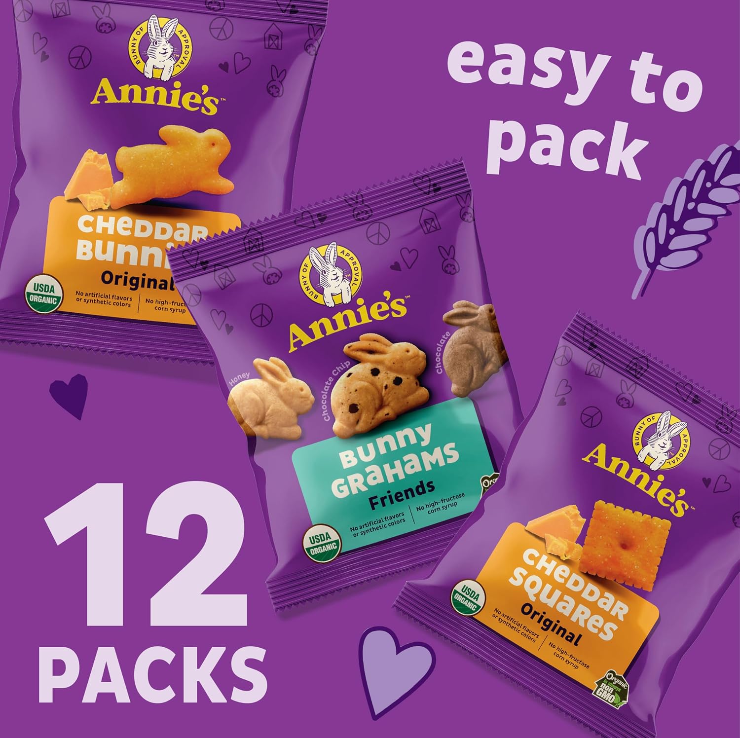 Annie's Organic Snack Cracker Variety Pack, 12ct, 11 oz | Cheddar Bunnies, Bunny Grahams & Cheddar Squares (4 of Each)