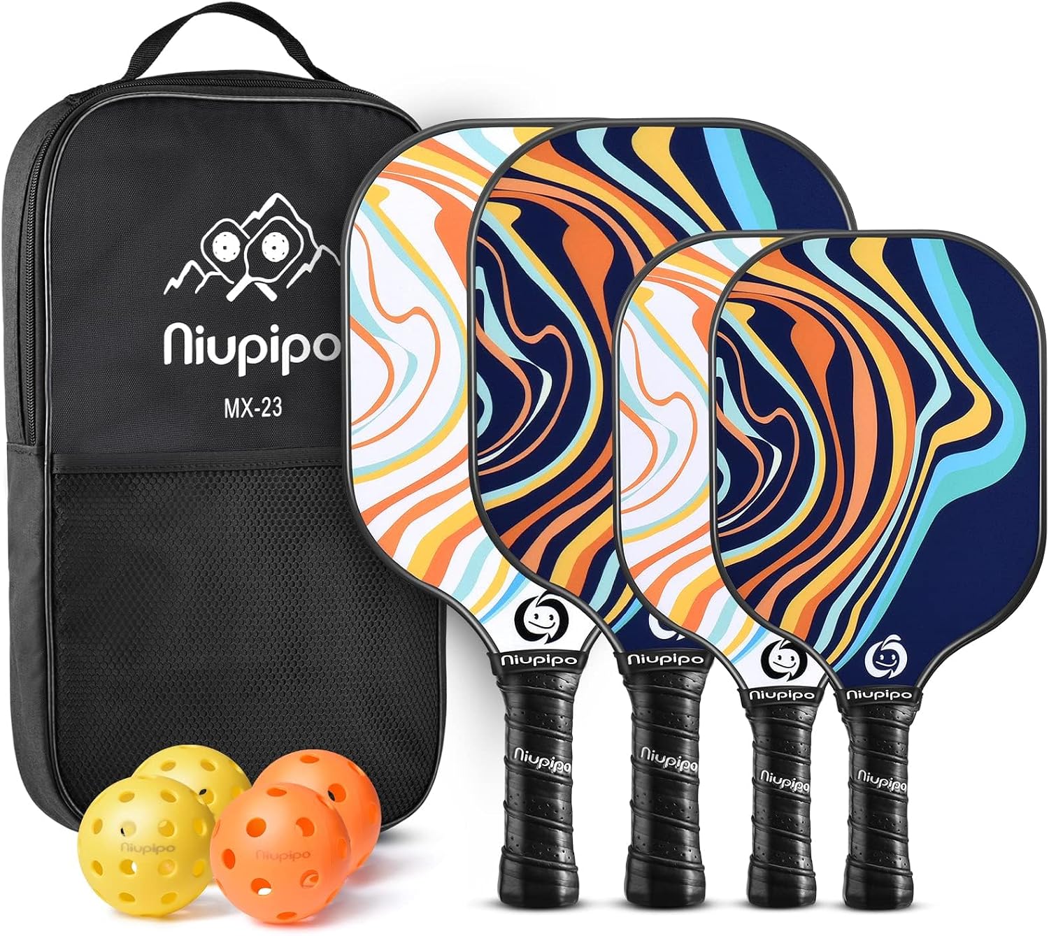 niupipo Pickleball Paddles Set of 2 or 4, USAPA Approved Fiberglass Pickleball Paddle Set with Balls and Bag, Polypropylene Honeycomb Core