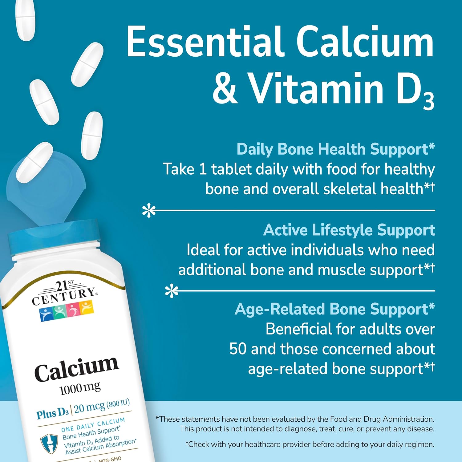 21st Century Calcium 1000mg Plus D3 Tablets, Bone Health, 90 Count | Calcium 1000 mg with Vitamin D3 20 mcg (800 IU), Bone Strength & Density Support, Daily Supplement for Men & Women