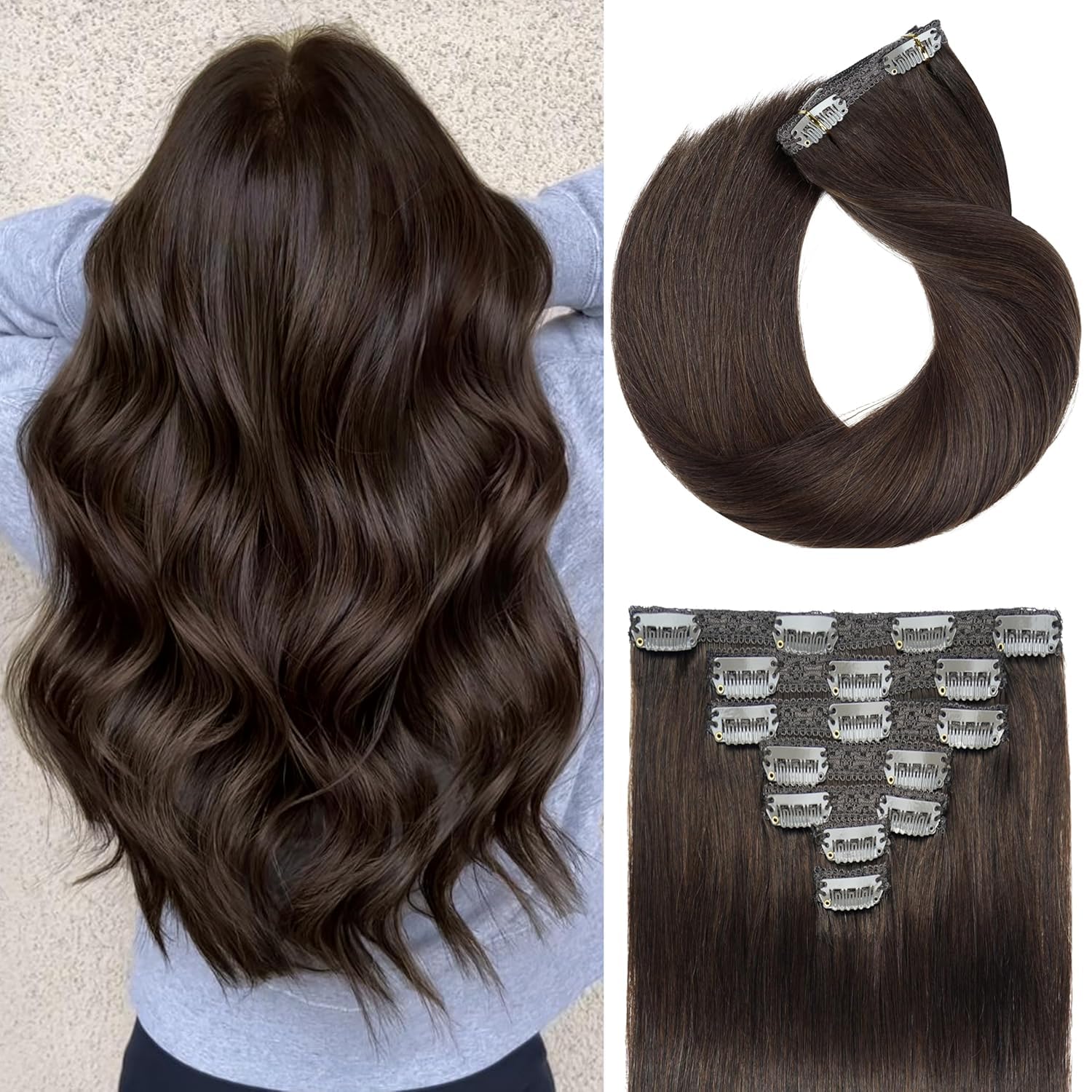 22" Clip in Human Hair Extensions Full Head 200g 10 Pieces 22 Clips Light Brown Double Weft Brazilian Real Remy Hair Extensions Thick Straight (22"